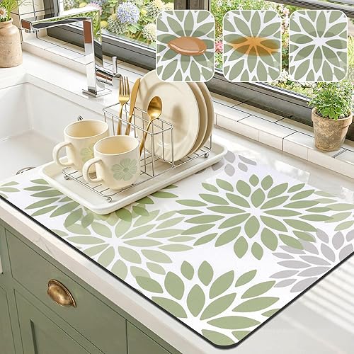 Findosom Floral Dish Drying Mat, 16" x 24" Super Absorbent & Hide Stain Coffee Mat, Cuttable Drying Mat for Kitchen Counter, Under Dish Rack, Coffee Maker, Espresso Machine, Sage Green