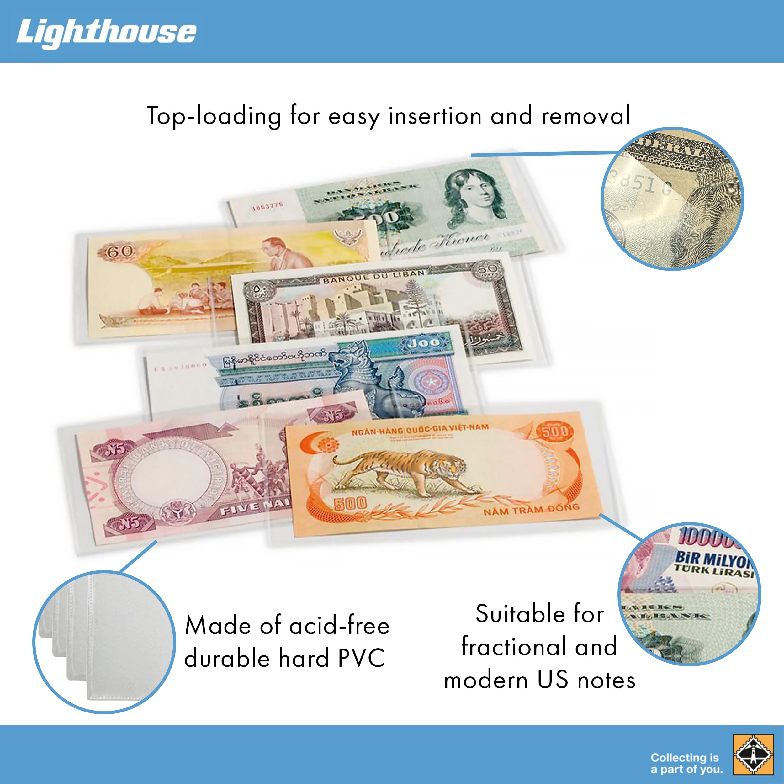 Lighthouse - Clear Top-Loading Currency Sleeve for Banknotes up to 6 1/4