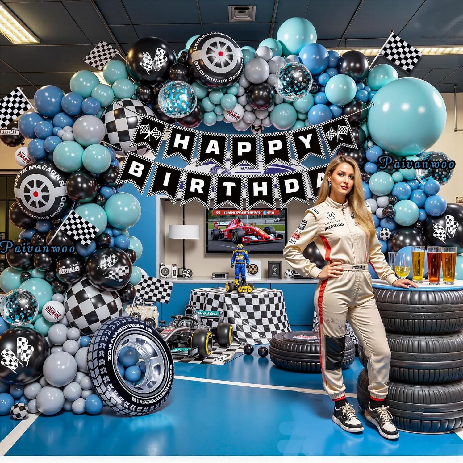 Race Car Balloon Arch Kit – Blue Race Car Party Decorations with Banner, Checkered Flags, Tire & Checkered Foil Balloons for 2nd Birthday, Racing Theme, or Race Car Birthday Party Decorations - Image 7