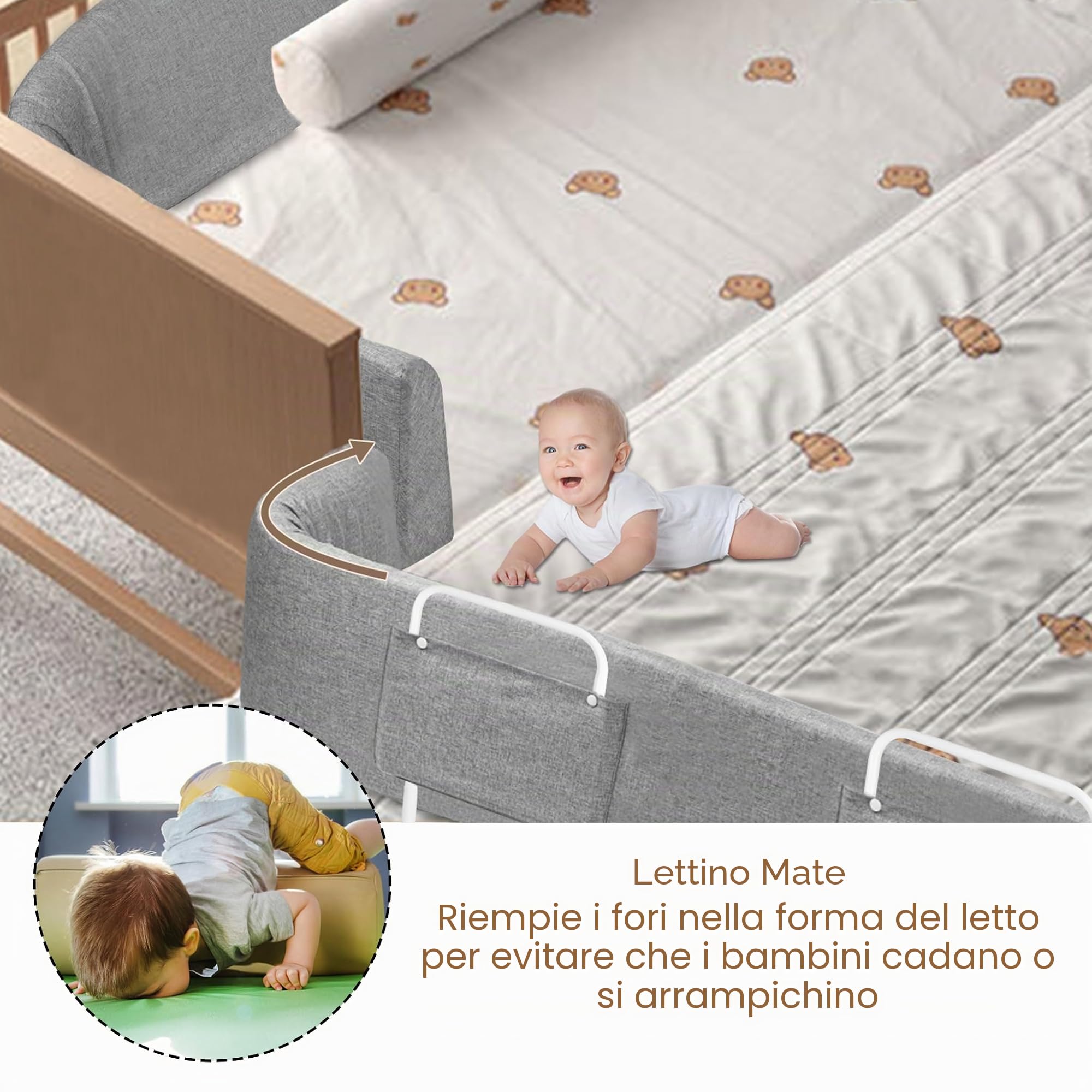 LARS360 Griglia di protezione del letto, 180 cm, per bambini, regolabile in altezza, con chiusura lampo e bottoni a pressione, accessorio portatile per lettino (lino grigio)