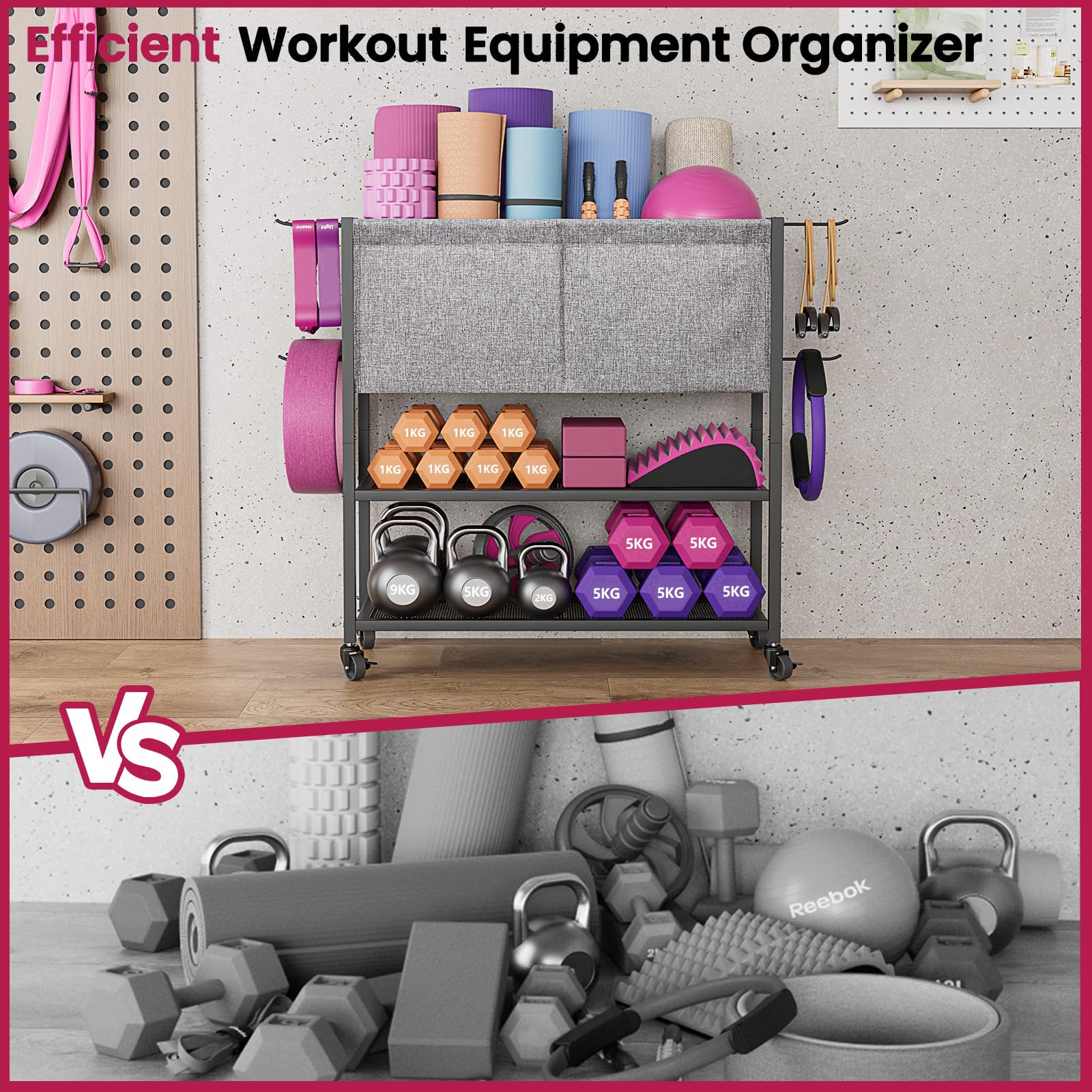 Bikoney Stojak na Maty do Jogi - Organizer do Domowej Siłowni na Kółkach | Organizer na maty do jogi, hantle i kettlebells. Wytrzymuje ponad 90kg, wyposażony w kółka 360° i 6 haczyków.