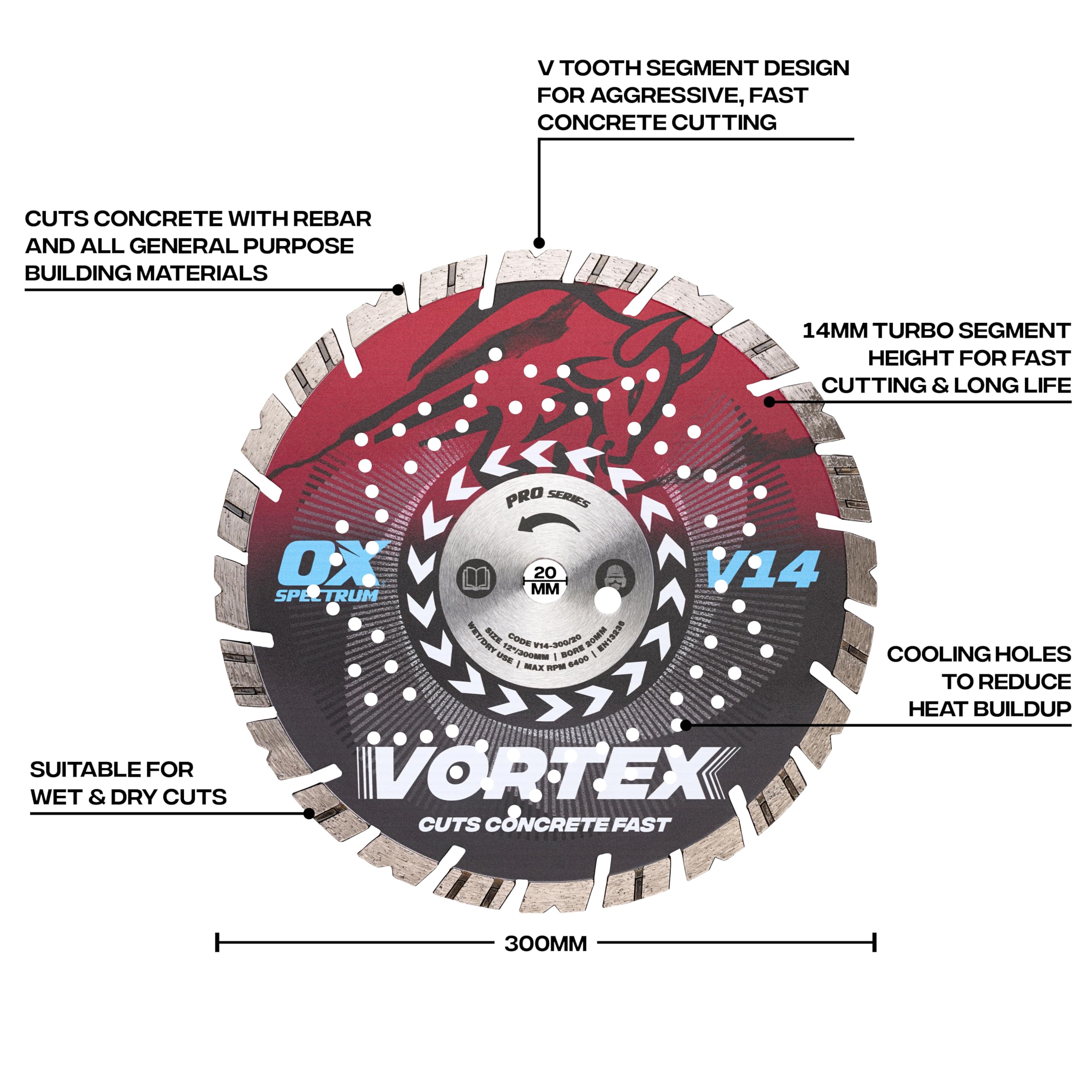 OX Pro V14 - Hoja de diamante para hormigón, 300 mm/20 mm, diente turbo en V para corte rápido y larga vida, corta bordillos y losas, pavimentos de hormigón, tejas, ladrillos, materiales de