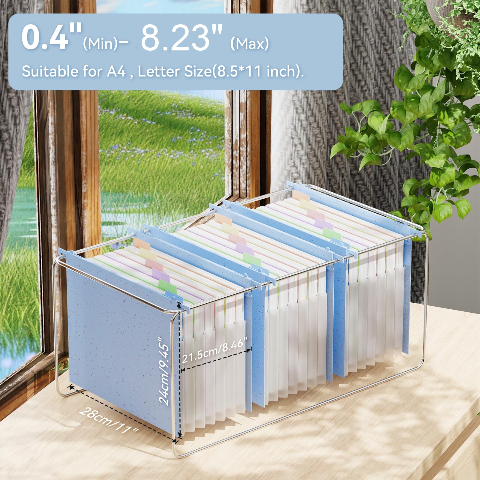 ANSOOK Lot de 3 dossiers suspendus en paille de blé format lettre, 7 poches accordéon de 3 cm, dossiers d'armoire avec onglets, grande capacité, bleu naturel pour la maison et le bureau