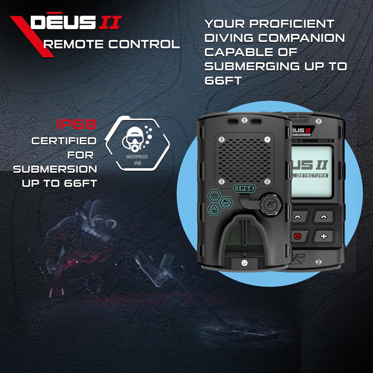 XP Metal Detectors Deus II Wireless, Shockproof and 66 ft / 20m IP68 Waterproof Remote Control - RC - Control Module with Back-lit LCD Display (D2-RC)