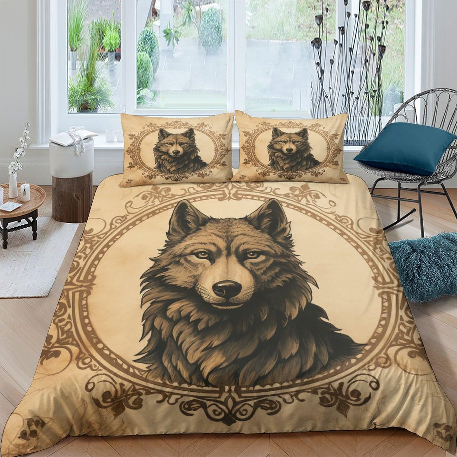 Housse de couette loup zip facile parure de lit King grise anti-plis pour adultes