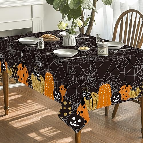Miniatura 3 de Horaldaily Mantel rectangular de Halloween de 60 x 120 pulgadas, diseño de telaraña de calabaza con temática de miedo, color negro, lavable, para