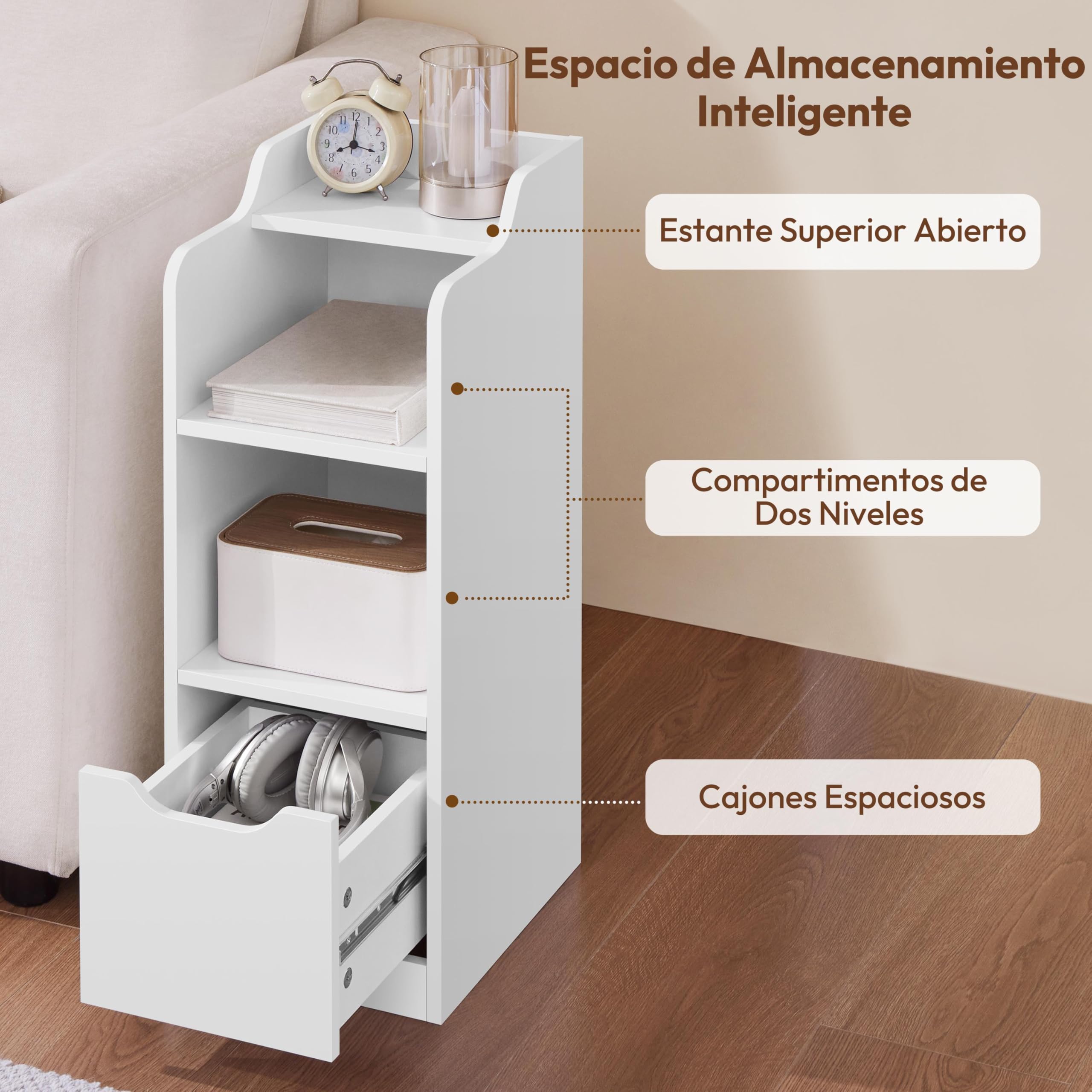 Yaheetech Mesita de Noche Estrecha, Mesa Auxiliar, Espacio de Almacenamiento de 3 Niveles con 1 Cajón, Mesilla Auxiliar para Dormitorio, Salón, Espacios Reducidos, 25 x 30 x 65 cm