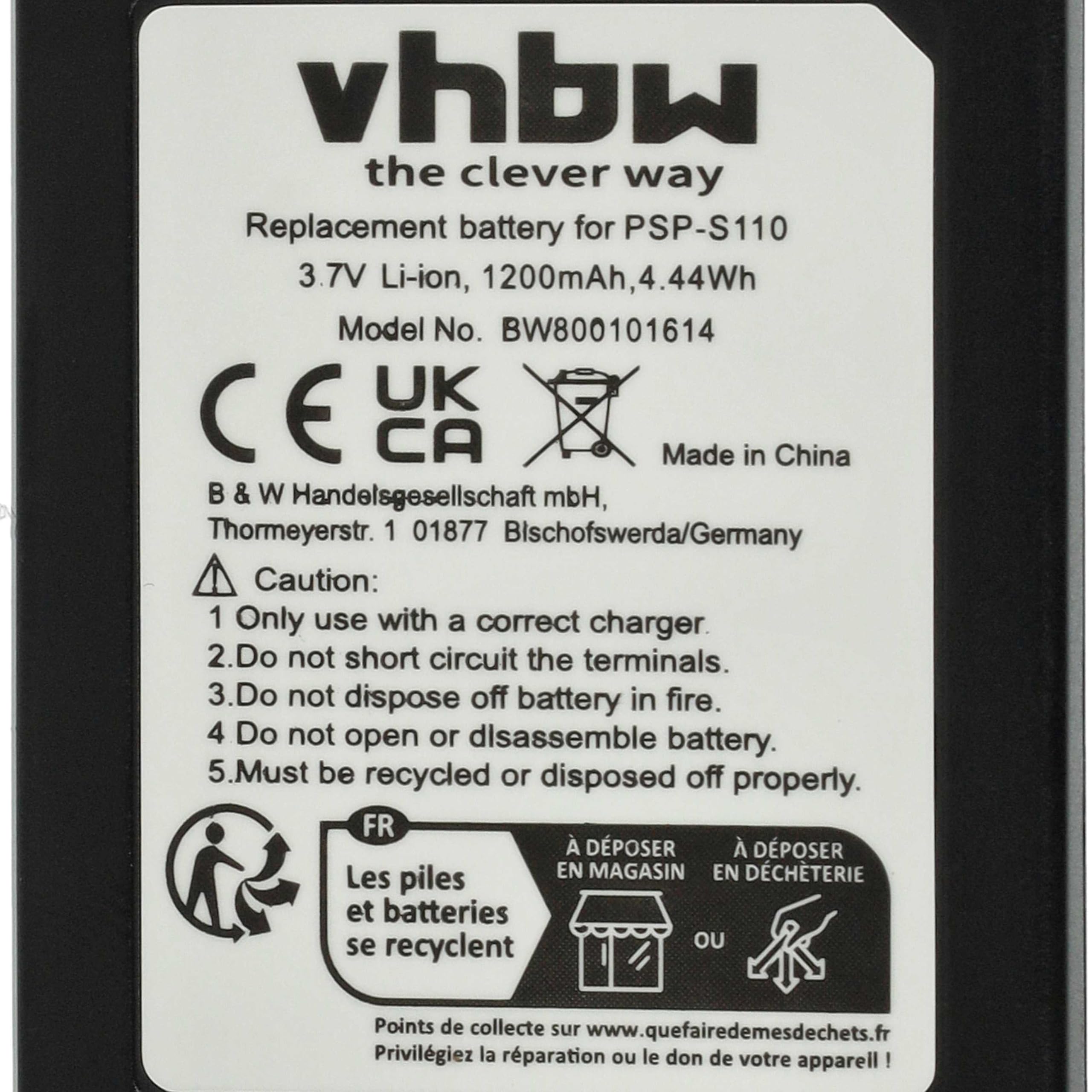 vhbw Batería Compatible con Sony PlayStation Portable 2ª generación Slim & Lite PSP-2000 PSP-2004, Brite PSP-3000 PSP-3004 (1200 mAh, 3,7 V, Li-Ion)