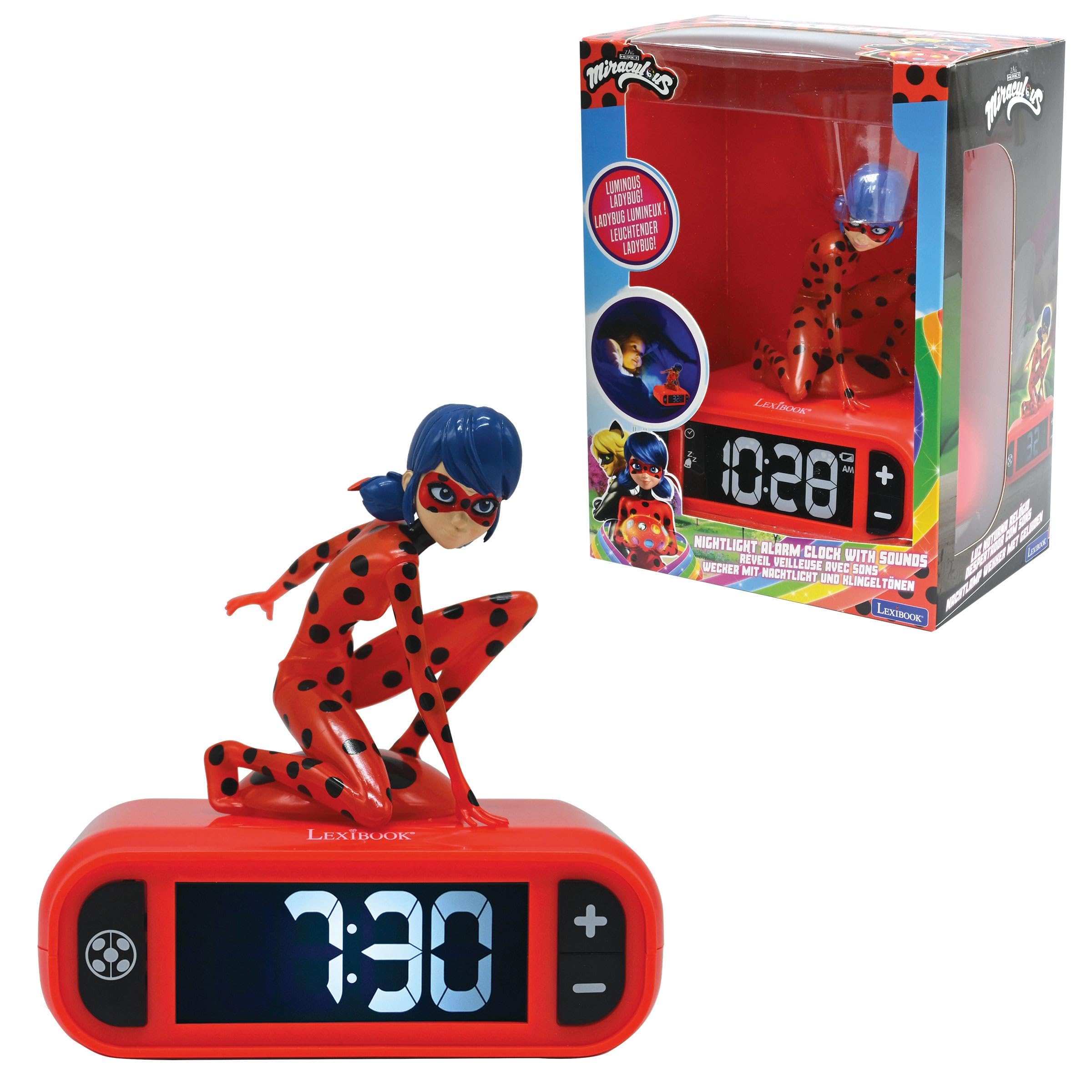 LEXIBOOK, Miraculous Ladybug Cat Noir, Ladybug Nightlight alarm clock, Sounds and Melodies, LCD Backlit screen, Luminous, Snooze, Red, RL800MILXB