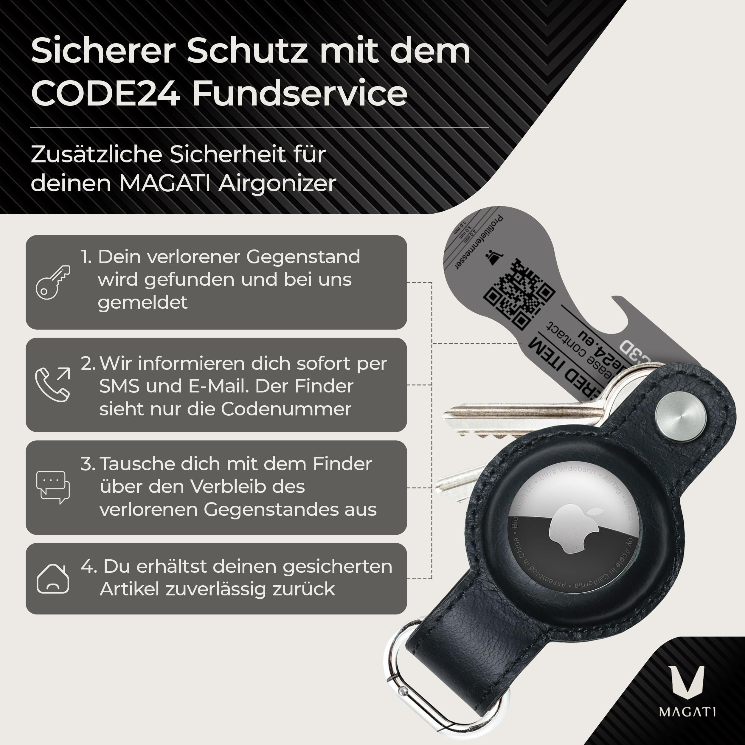MAGATI Airgonizer (Schwarz) – Schlüssel Organizer mit AirTag Schlüsselanhänger aus hochwertigem Leder & Multitool – Kompatibel mit Apple Airtag 1 & 2 – 1 Jahr Code24 Fundservice inklusive
