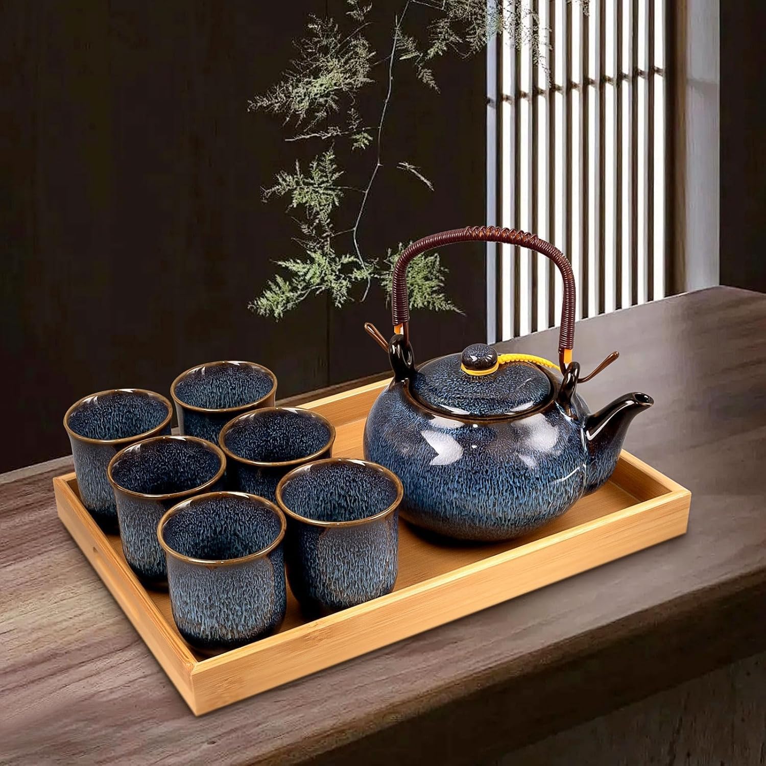 Service à Thé Japonais en Porcelaine, Théière Bleue 650ml avec 6 Tasses, Plateau en Bois et Coffret Cadeau, Service à Thé en Céramique Émaillage Four Traditionnel pour Adultes, Idée Cadeau Homme Femme