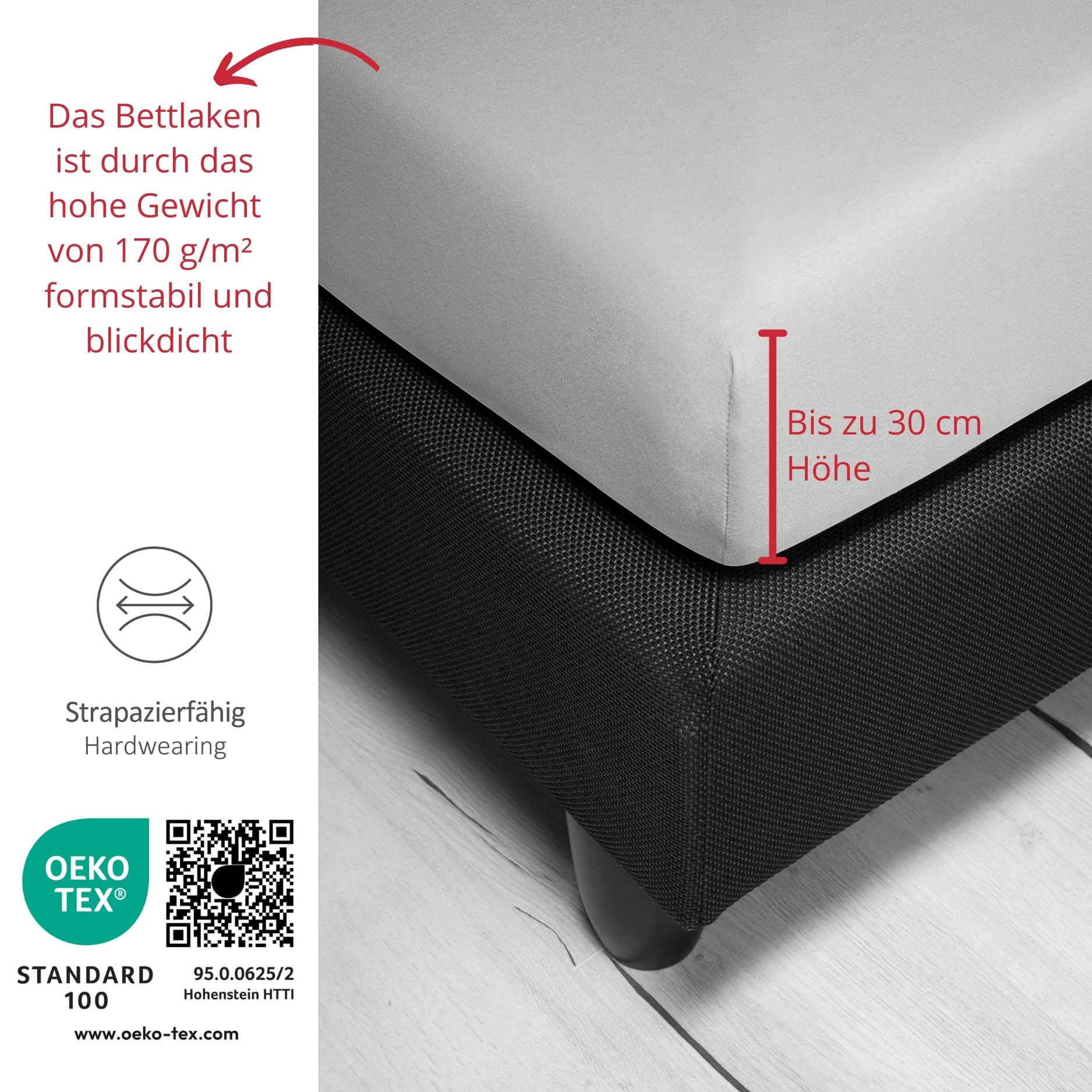 liebling Jersey Elasthan Spannbetttuch 180 x 200-200 x 220 cm, Spannbettlaken aus 95% Baumwolle, 5% Elasthan für Matratzen bis 30 cm Höhe, Rundum Gummizug, Ökotex, waschbar 60 Grad, Silber