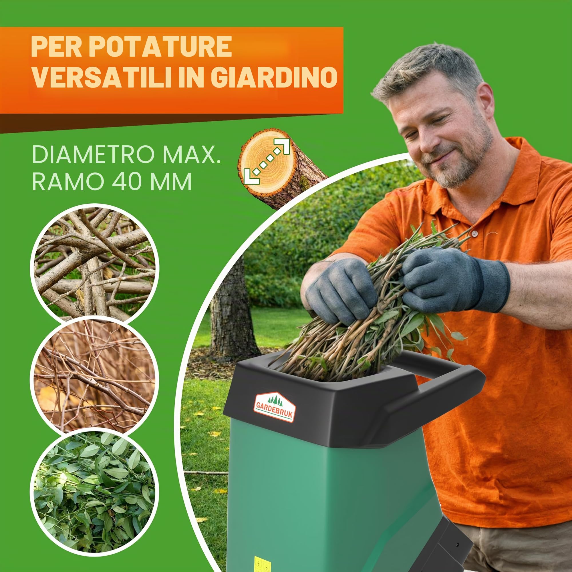 Gardebruk Trituratore da Giardino 3100 W 40 mm Rami Elettrico 50 L Cesta Raccolta Acciaio