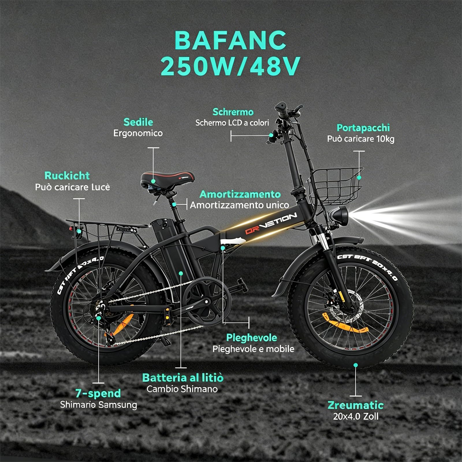 Bicicletta elettrica Pieghevole Pneumatici Fat da 20" x 4" Batteria Rimovibile da 48V 20Ah Massima 25 km/h Autonomia 100–130 km Design uomo donna per Spostamenti Urbani e Rurali AT20 PRO