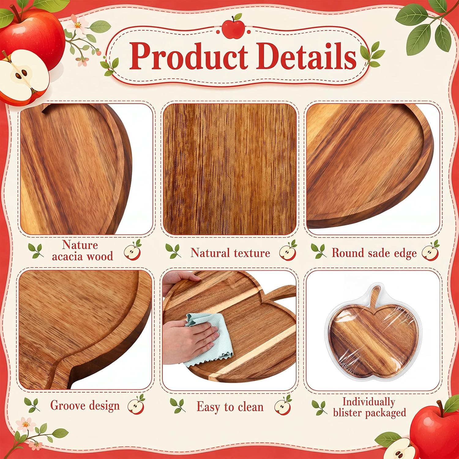Geetery 4 Pack Apple Charcuterie Board Acacia Wooden Serving Trays