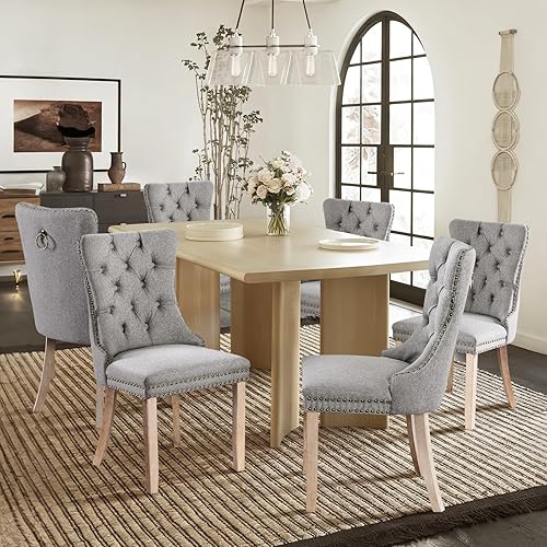 Miniatura 30 de Juego de 6 sillas de comedor de cuero, sillas laterales con respaldo alto, silla lateral tapizada moderna con anillo trasero de botón, patas de negro