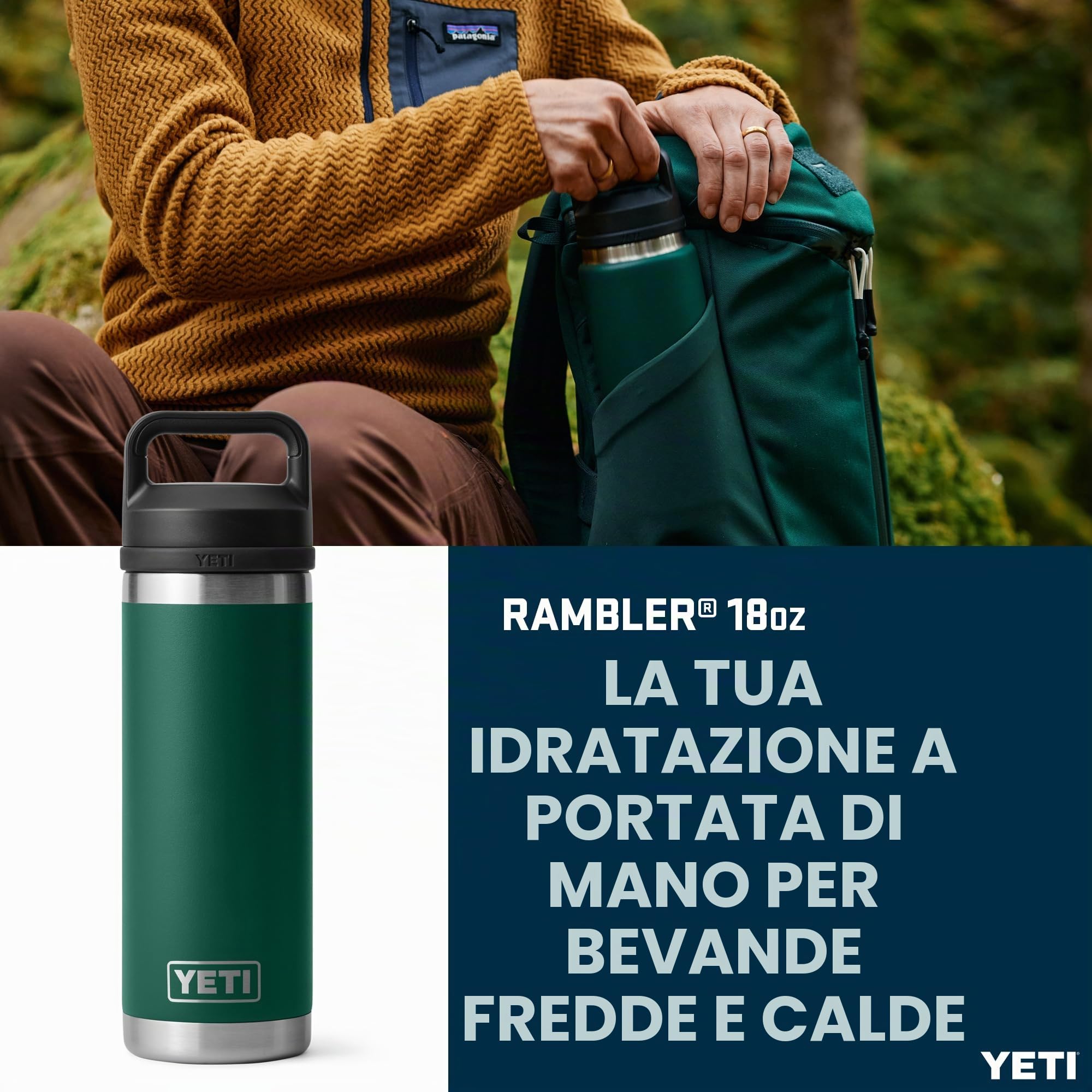 YETI Rambler Bottle Chug, Vacuum Insulated Stainless Steel Bottle with Chug Cap, Black Forest Green, 18 oz (532 ml)