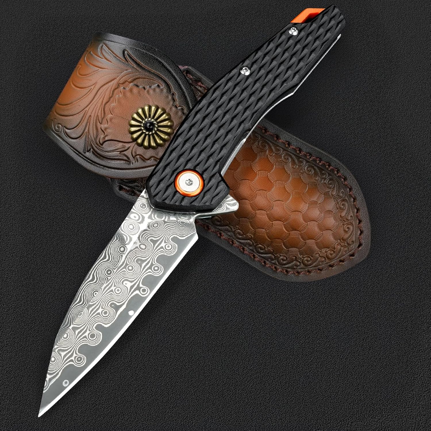 Zingbee Damascus Folding Knife, 3.03" Damascus Steel Blade Pocket Knives with Clip, Black Aluminum Handles, Camping Folding Knife for Hunting Fishing Hiking Outdoor