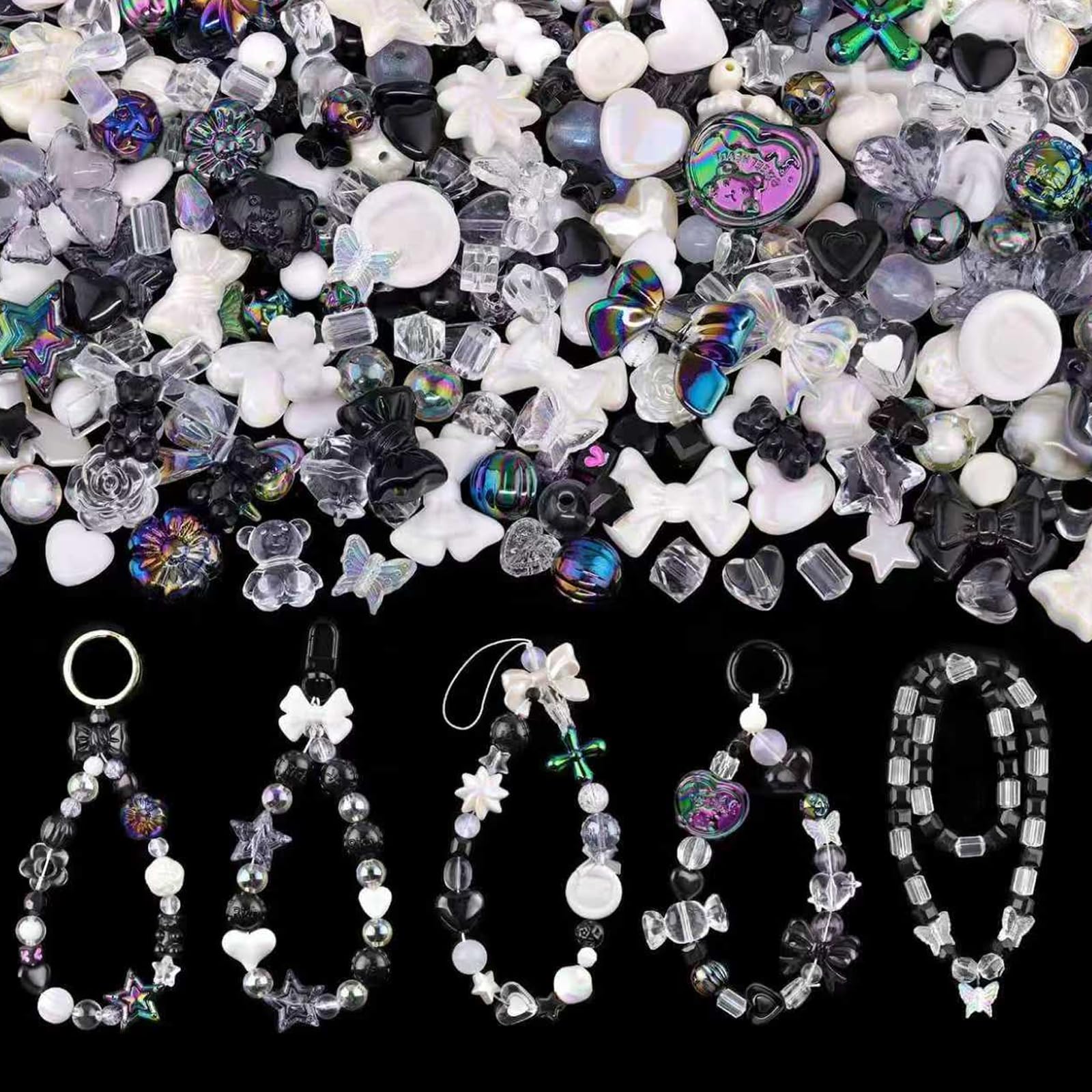 160g Acrylic Beads for Bracelet Making,180-240pcs Assorted Kawaii Aesthetic Bead with Stars,Bows,Flowers Design,Cute Acrylic Beads for DIY Crafting,Keychain,Phone Charm,Jewelry Making (Black White)