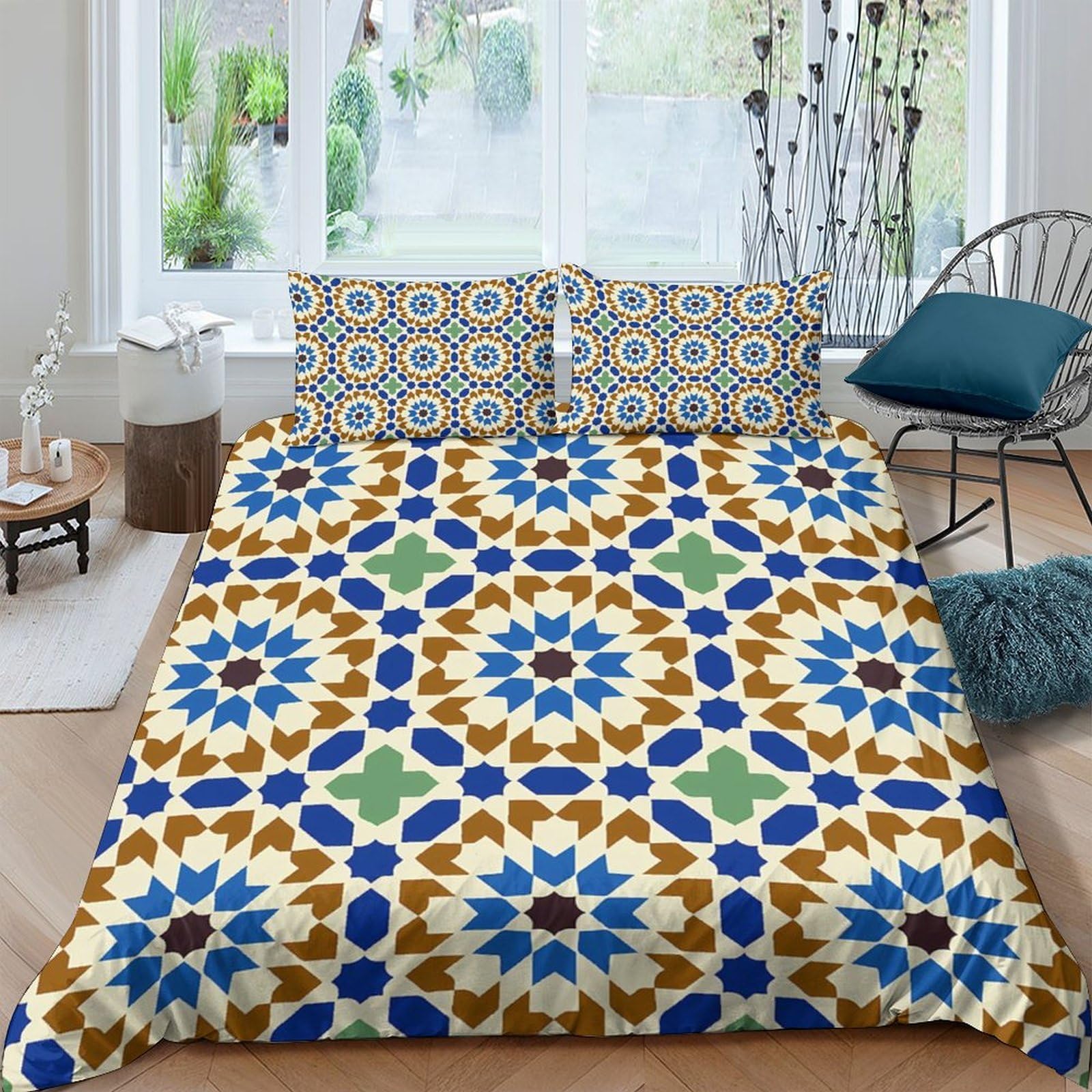Ctjqhvkz Style-5 3D Printed Moroccan Mosaic Fitted Sheet Microfiber Non Slip Boho Blue Brown Bed Cover For Bedroom Guest Room Decor Single（135X200cm）