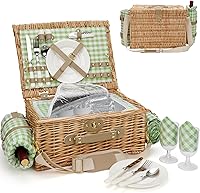 Vista 10 de Cestas de picnic para 2, cesta de picnic con manta impermeable, juego de cestas de picnic con alfombra de playa lavable y compartimento grande