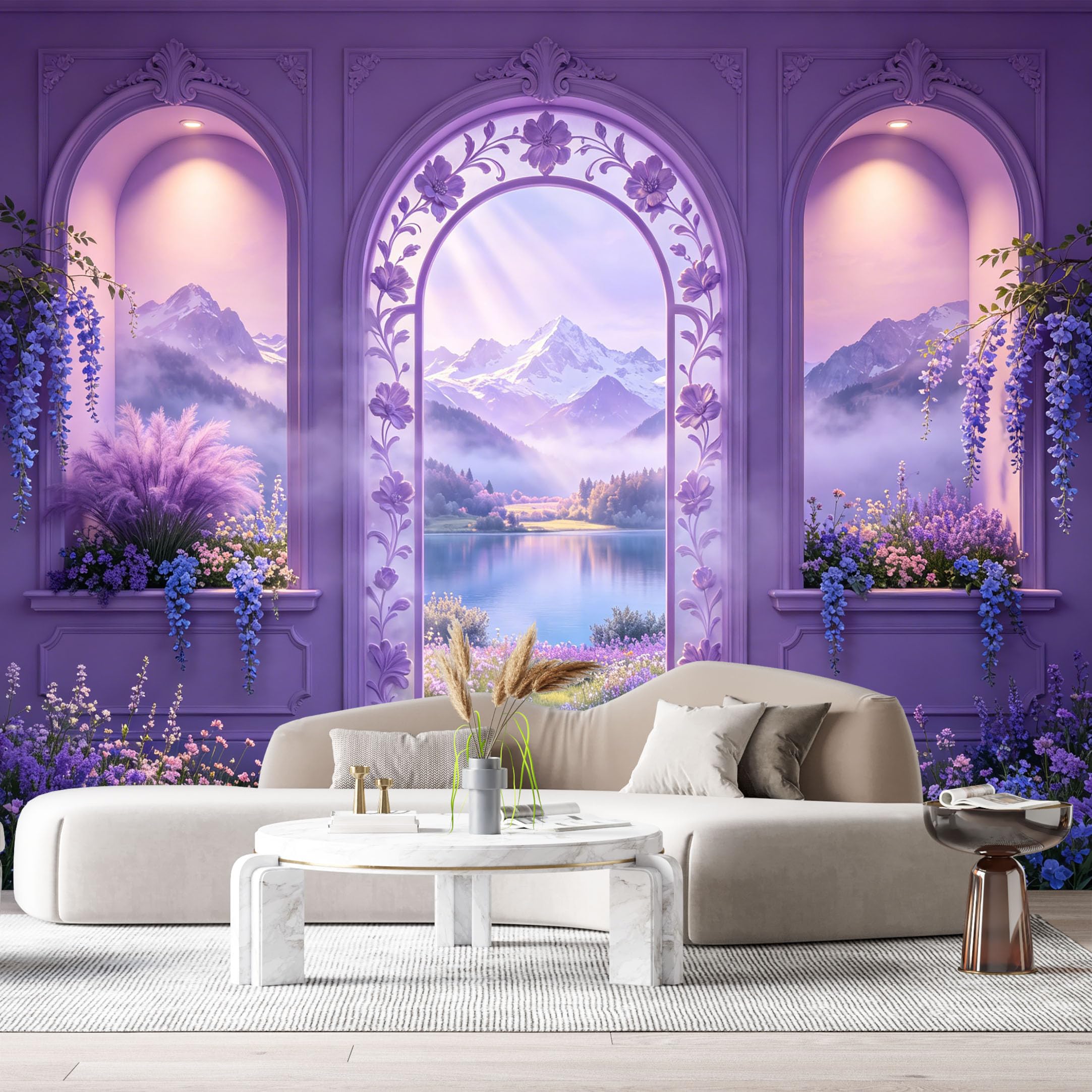 Custom Size Wall Murals Purple Archway Mountain Lake Botanical 3D Trompe L'Oeil SelfAdhesive Wall Fabric Removable Large Wallpaper for Photo Living Room Interior Decor