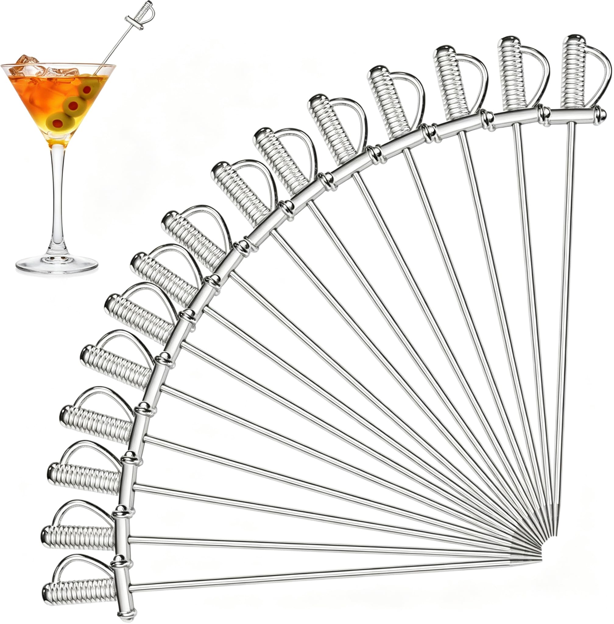 DEAYOU 15 PCS 18/10 Stainless Steel Cocktail Toothpicks, 4.4" Martini Drink Pick Stick, Metal Reusable Cocktail Skewers, Fruit Garnish Pick Swizzle Stirrer for Olive, Appetizer, Decor, Silver, Swords