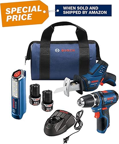 Vista 3 de Bosch Power Tools Combo Kit GXL12V-310B22 - 12V Max 3-Tool Set with 3/8 In. Drill/Driver, Pocket Reciprocating Saw and LED Worklight