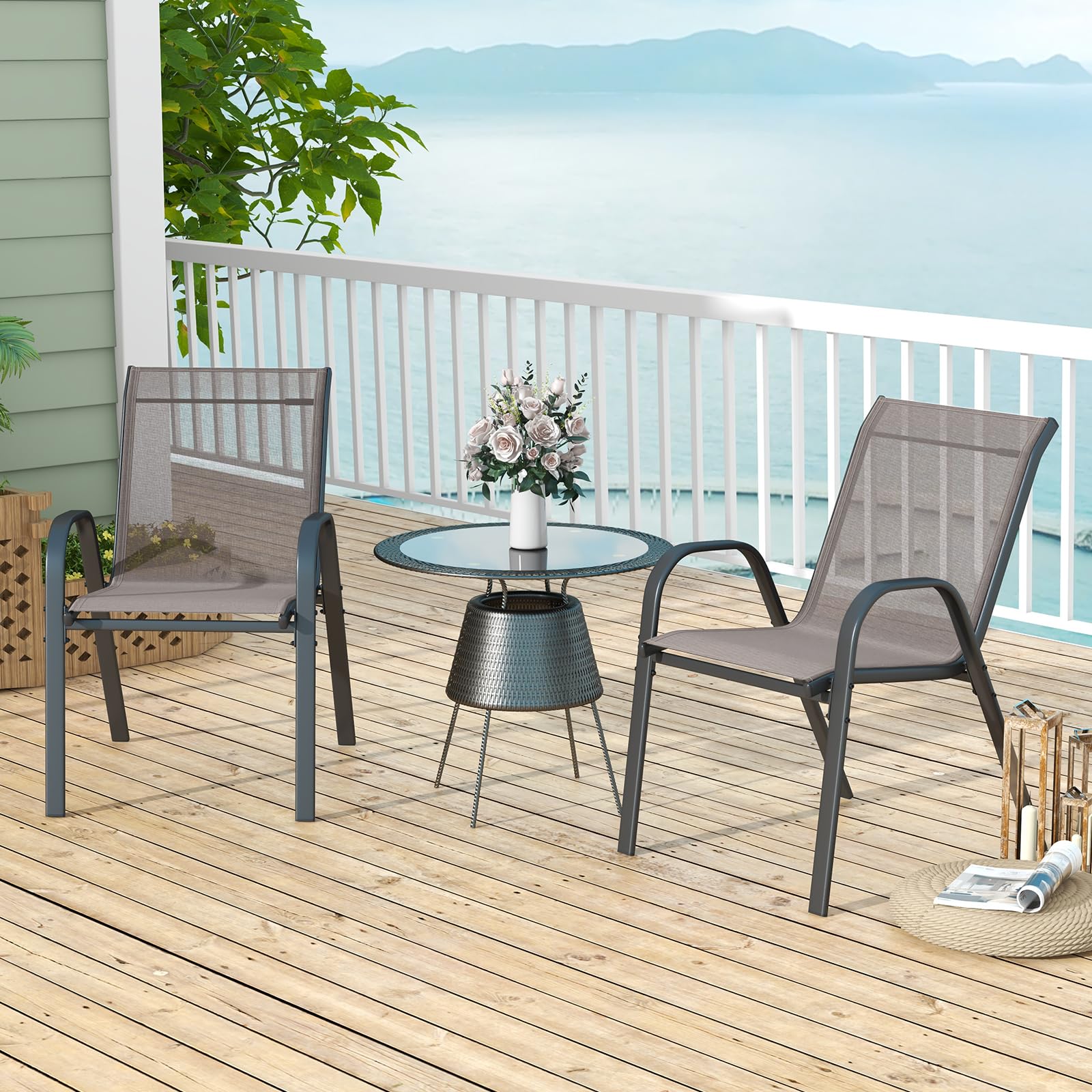 KOMFOTTEU Juego de 2/4 Sillas de Jardín, Silla Apilable Terreza Exterior de Tela con Marco de Metal, Sillón de Comedor con Reposabrazos y Respaldo Alto, Carga 150kg, 56 x 70 x 84 cm (2, Gris)