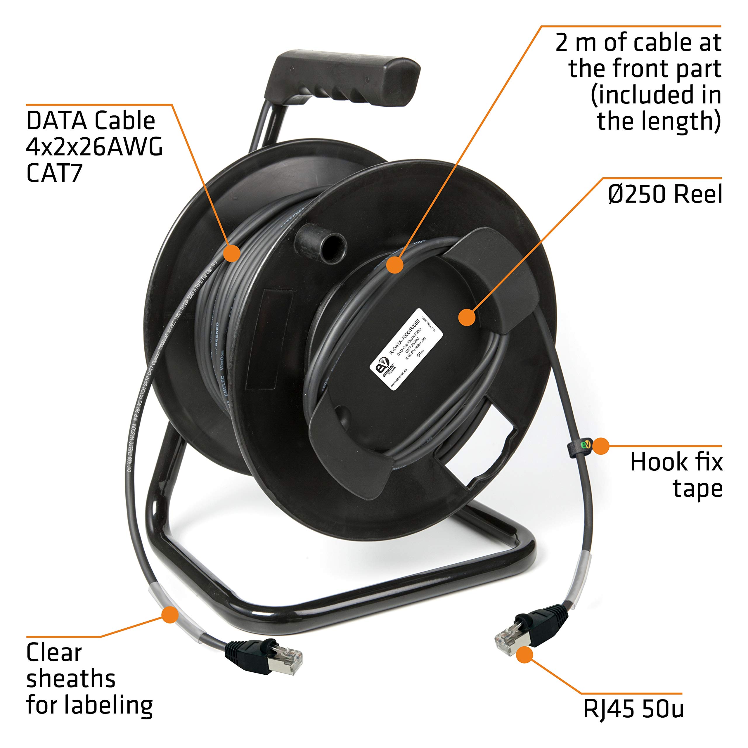 Emelec VíasCom R-DATA-7000/R/030 – 30m Cable Data CAT7 S/FTP BC 4x2x26AWG montado en Portacables con RJ45 50µ – PVC Flexible – Color Negro