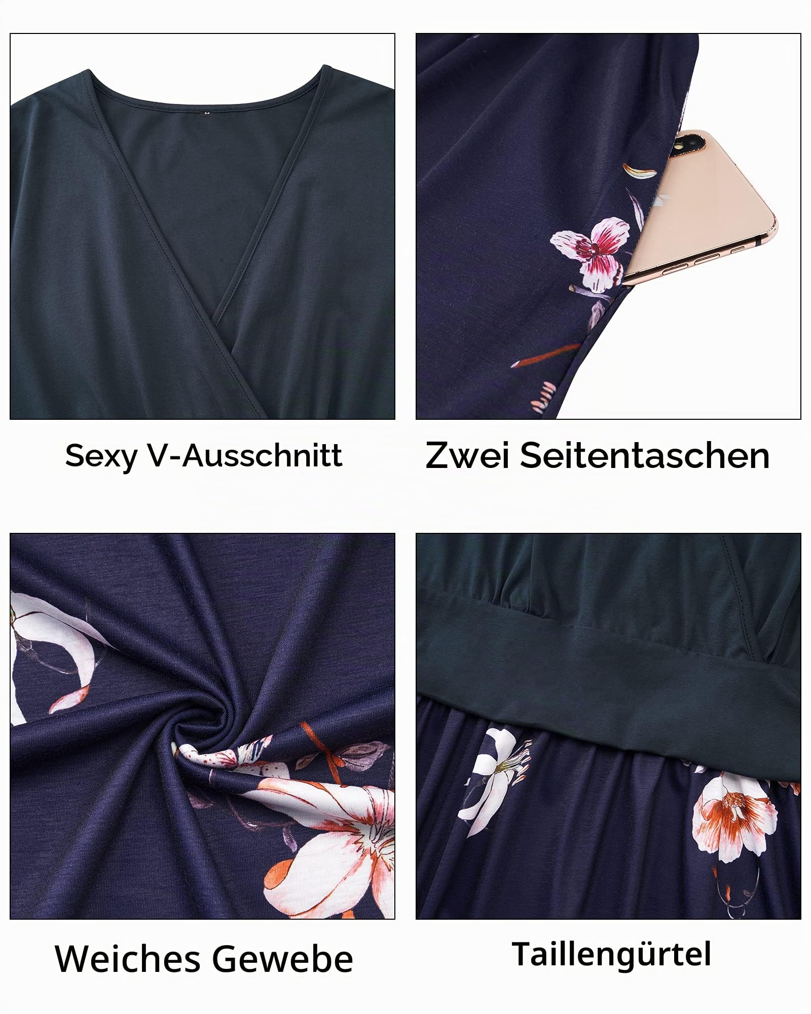 STYLEWORD Damen Sommerkleid Kurzarm V-Ausschnitt Blumenmuster Wickelkleid mit Taschen