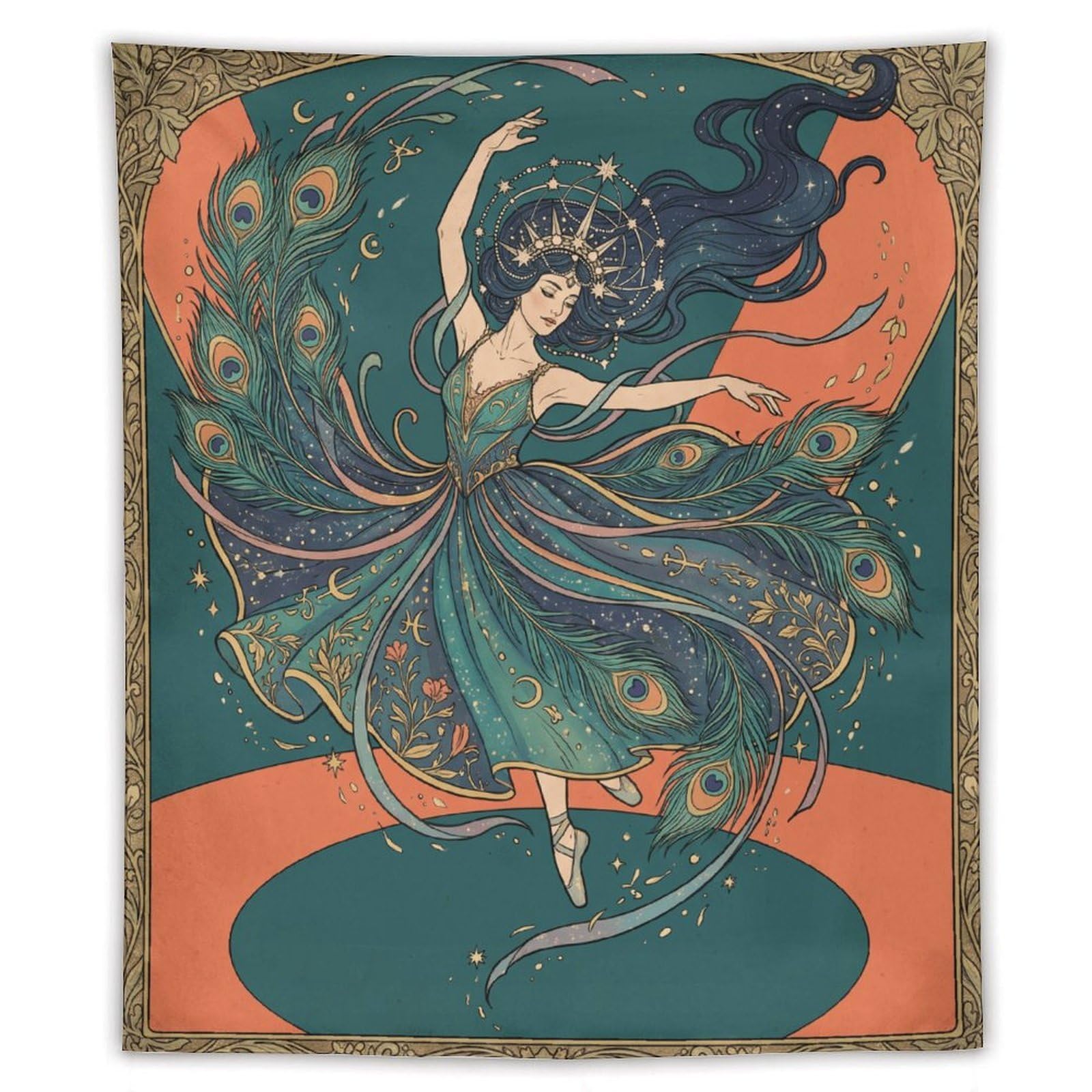 H3B8U2Y5 Peacock Dancer Art Nouveau Wall Tapestry, Symbolist Art Style