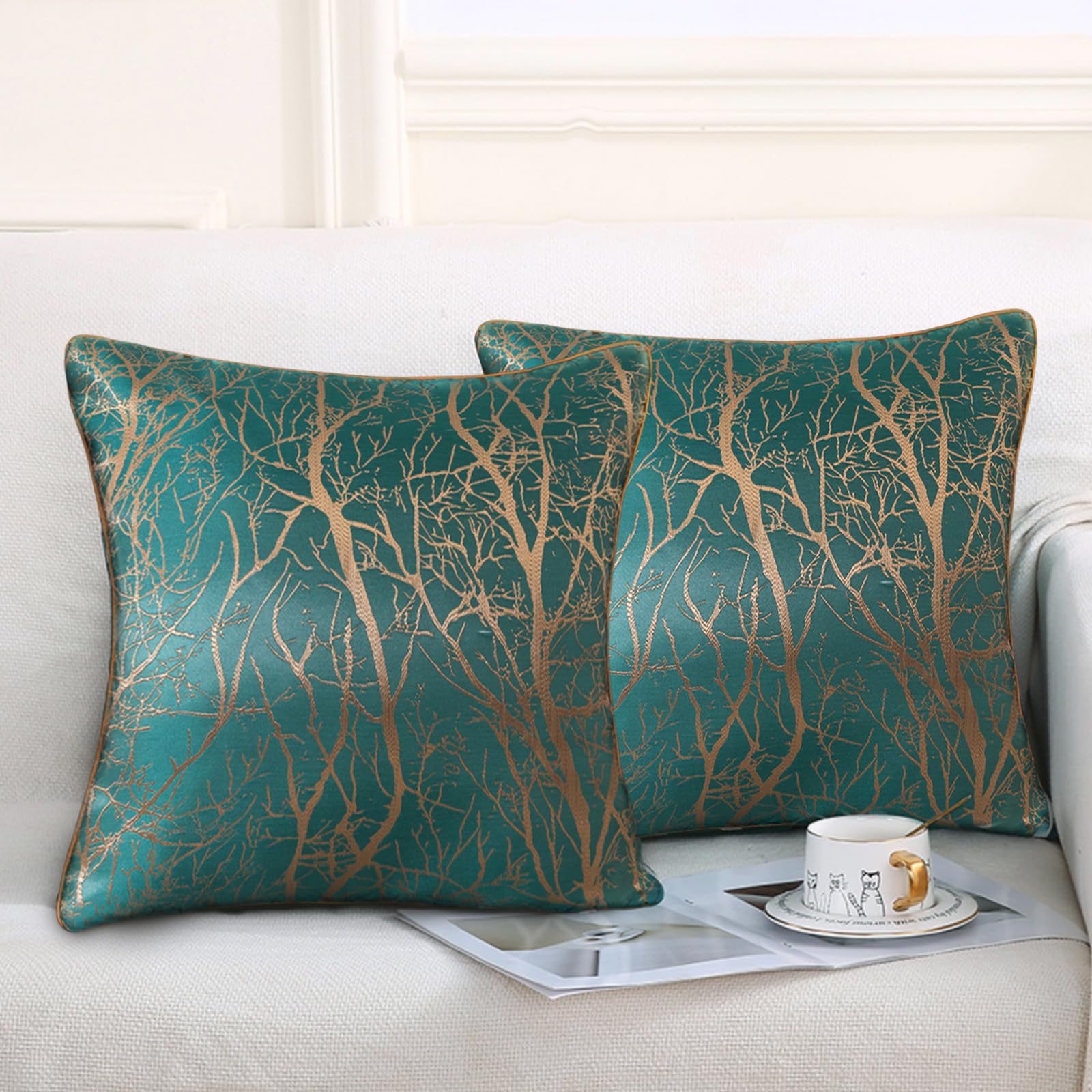 Traziewell Cushions Covers Green Set Of 2 Cushion Cover with Gold Printed 45 X 45 Cm Decorative Sofa Pillow Case for Living Room Bedroom 709 — image 1