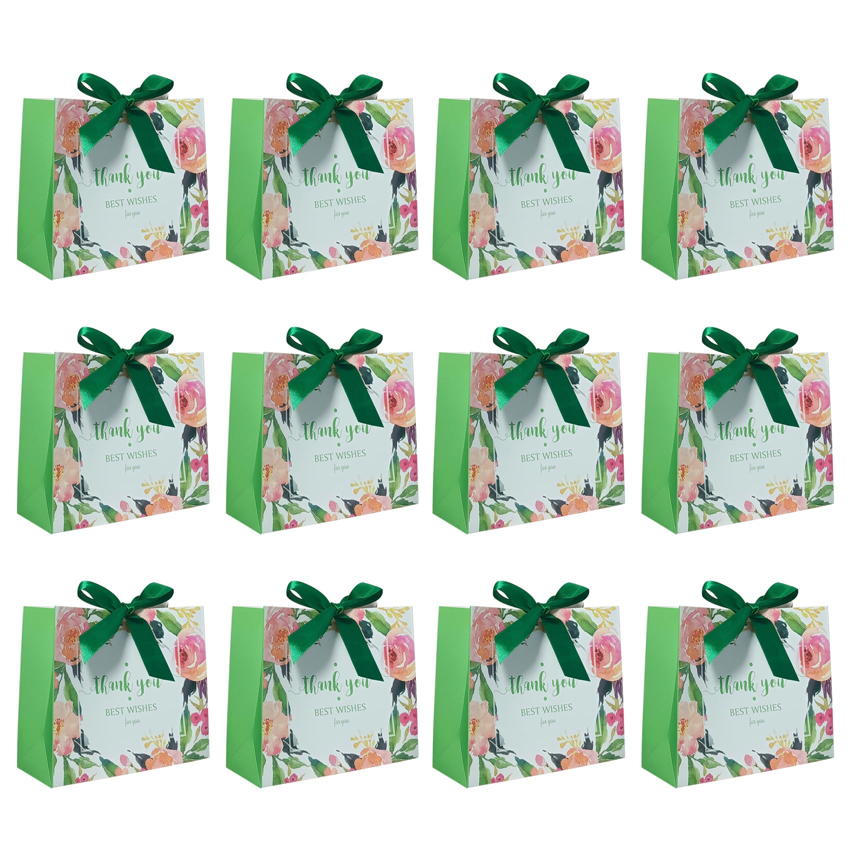 12 Pack Thank You Gift Bags Small Party Favour Bags with Ribbons 16ร 14ร 7cm(Green)