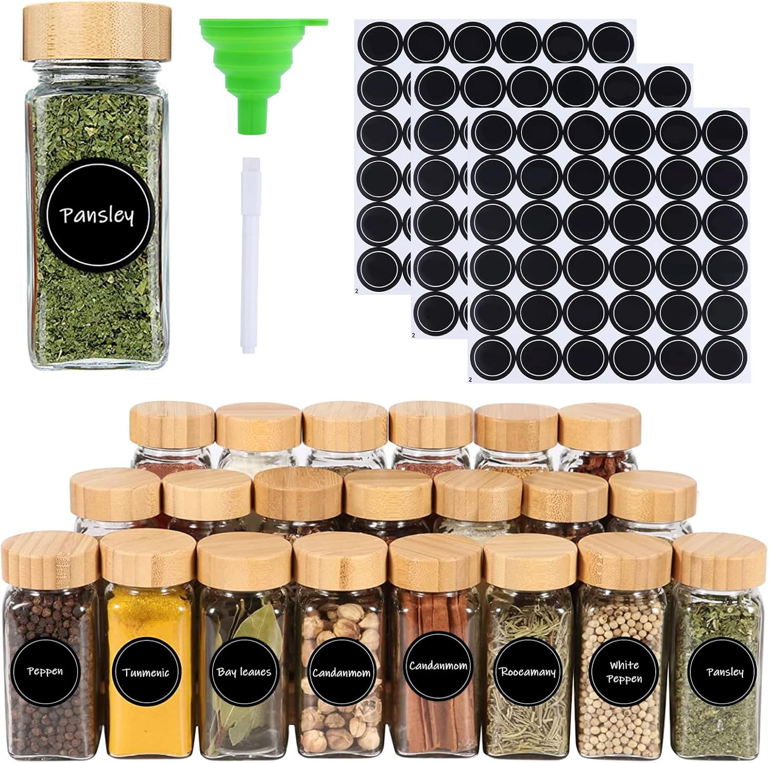 Robasiom 24pcs Glass Spice Jars Bottles with Bamboo Labels 4oz Squar