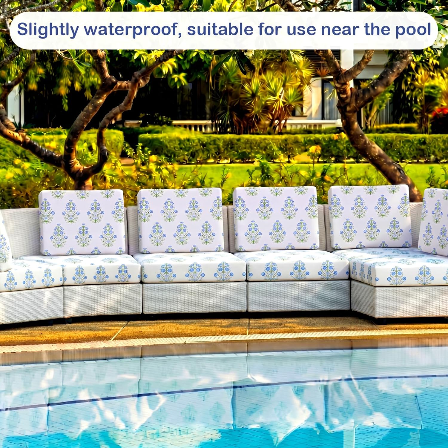 8 Pcs Coastal Patio Cushion Covers Bohemian Couch Covers, Waterproof TPU Coated Stretch Slipcovers 20-25 in Replacement Farmhouse Botanical for Indoor Outdoor Garden, Blue Green Floral