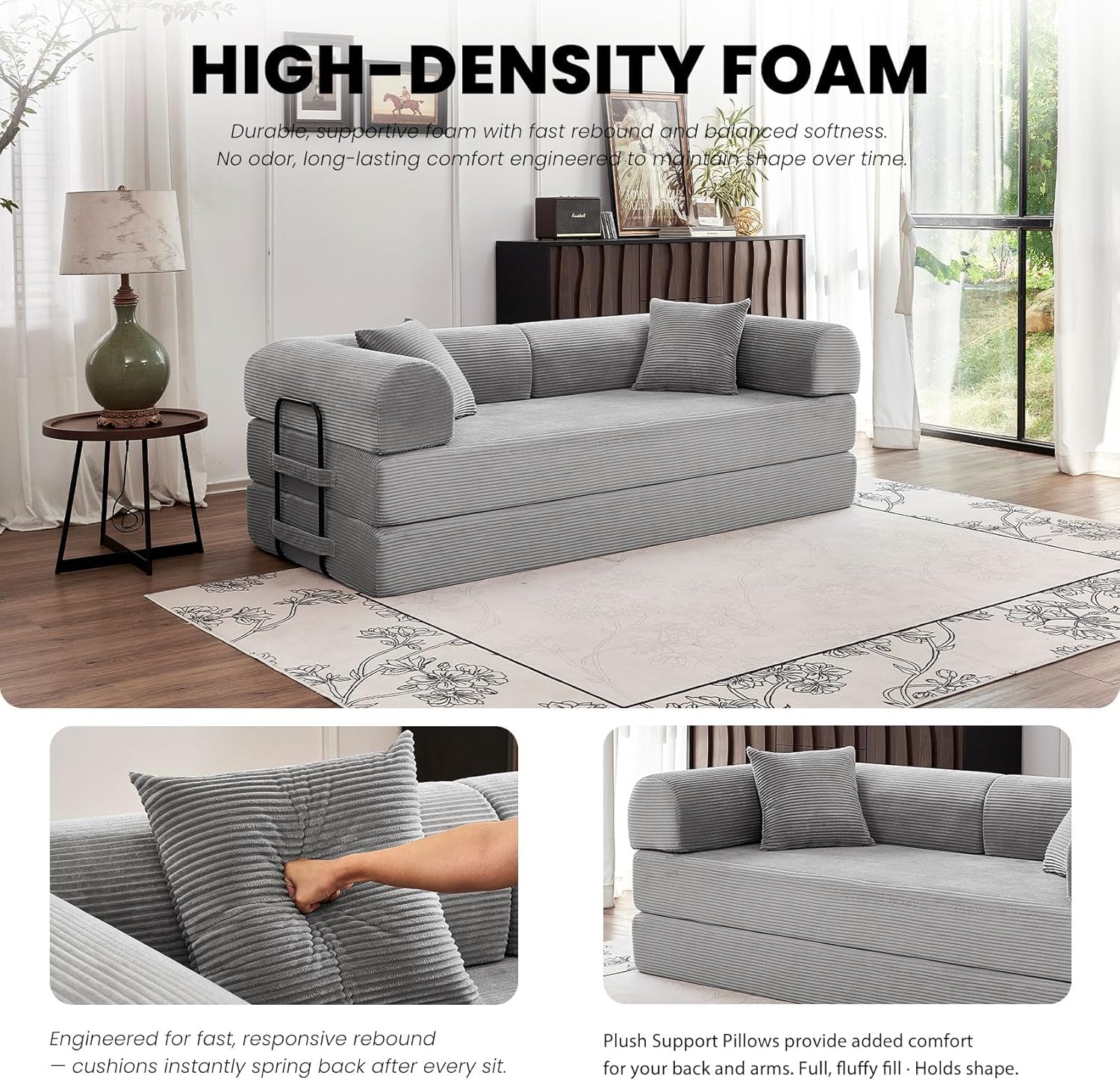 79'' Sleeper Couch Bed, 5 in 1 Convertible Floor Sofa, Folding Modular Couch with Pull Out Bed, Corduroy Sofa for Living Room Bedroom Lounge Area Apartment Guest Use (Light Gray)