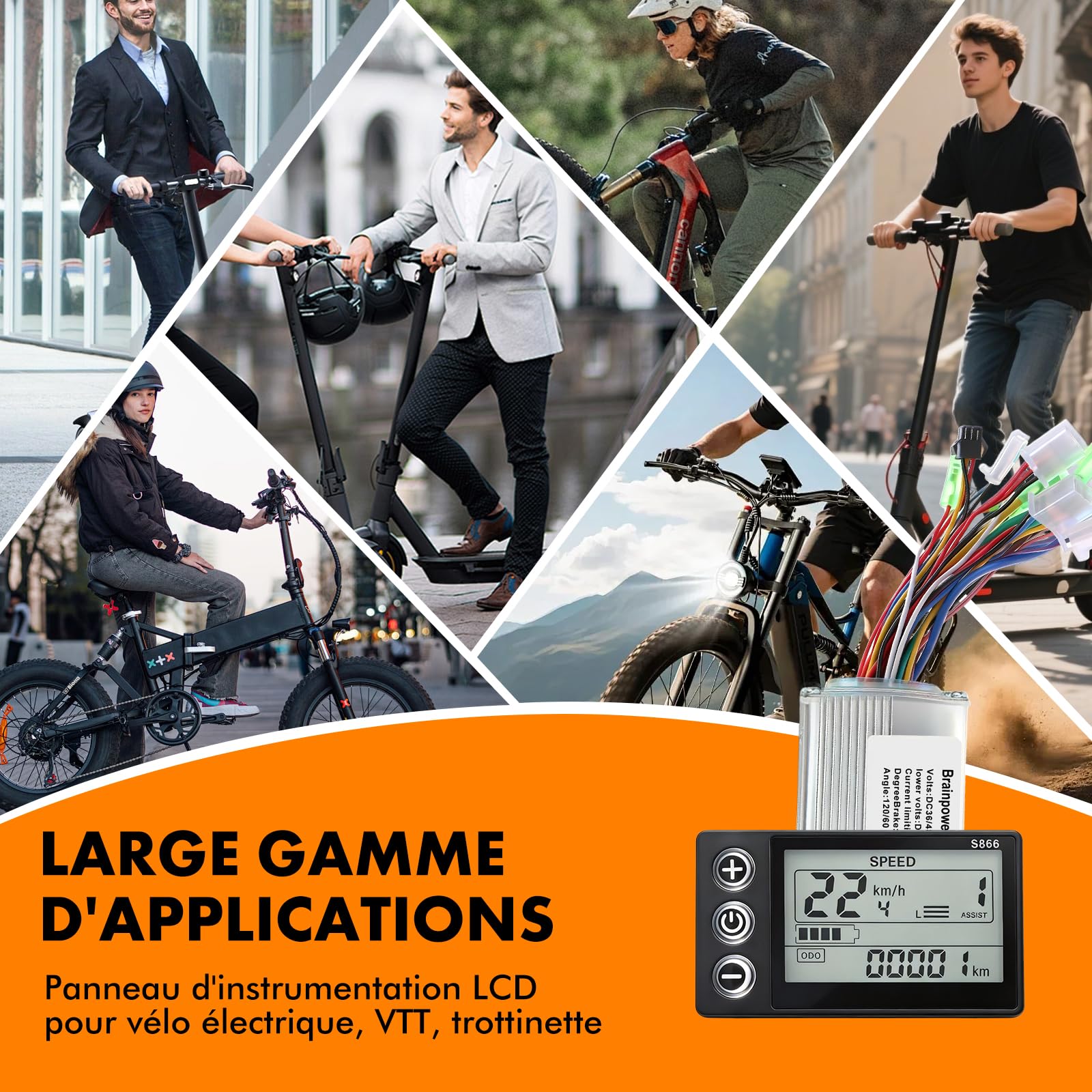 Kit de Contrôleur de Moteur sans Balais pour Vélo Électrique, 36V 48V 350W 13A Contrôleur de Moteur Brushless avec Panneau d'Affichage LCD S866 Étanche pour Trottinette Électrique
