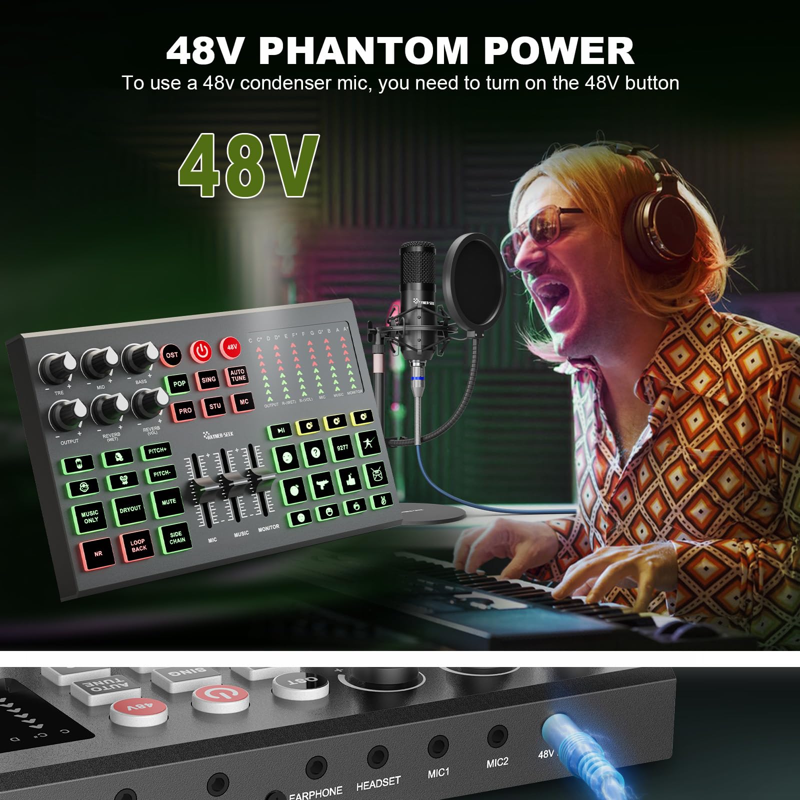 Podcast Equipment Bundle, 48V Kondensatormikrofon mit Streaming-Audio-Schnittstelle für Podcast-Aufnahme, Streaming, Gaming, Soundboard mit Sprachwechsel, Denoise PC, Smartphone, Tiktok