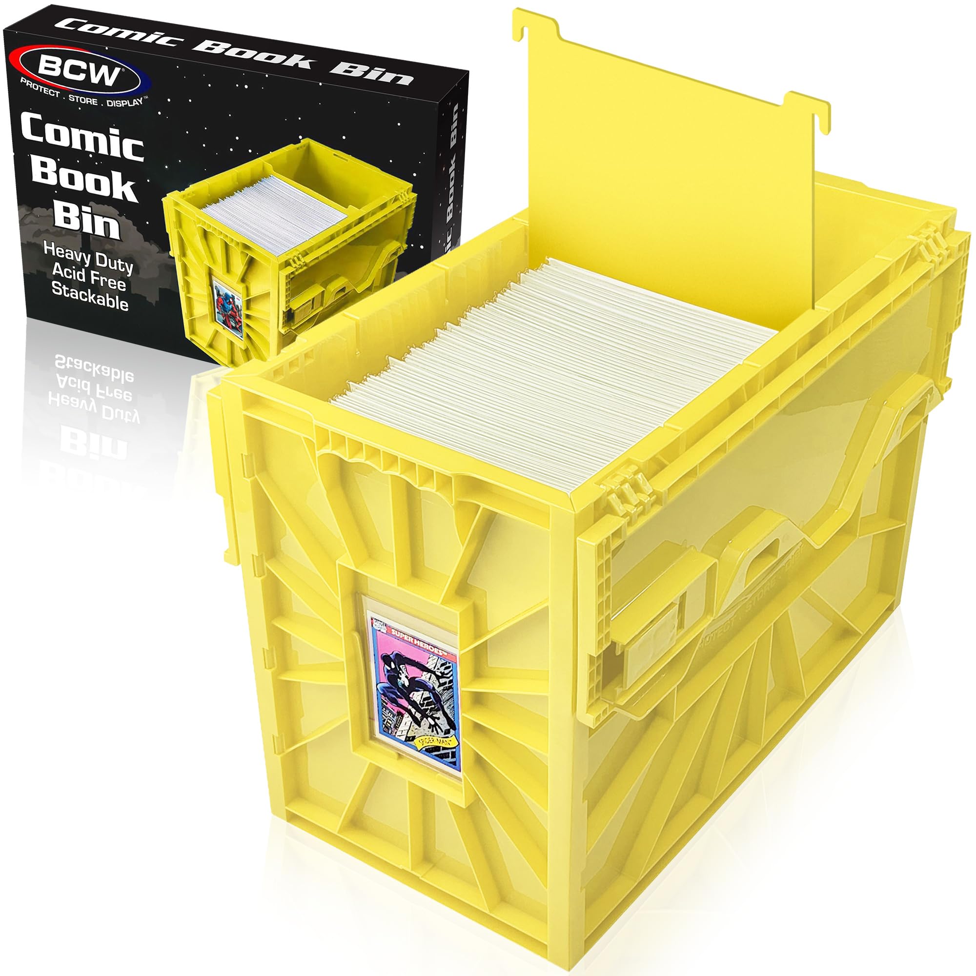 BCW Short Comic Book Bin - Holds 150 Standard Comic Books | Acid Free Comic Book Storage and Organizer | Heavy Duty Plastic Comic Storage Box | Stackable Comics Short Box (Yellow, Single)