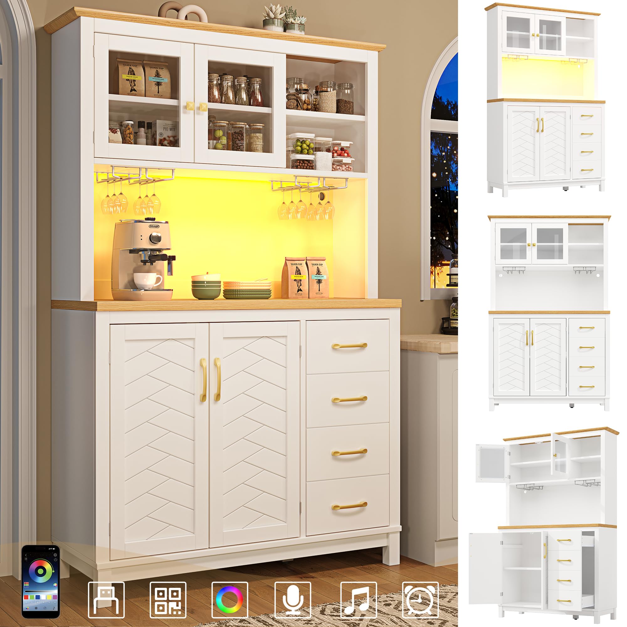 Armadio da cucina con piano di lavoro e illuminazione a LED, armadietto da cucina con scaffale per snack e porta bevande, buffet da cucina con 2 cassetti, 120 x 40 x 188 cm (bianco - A)
