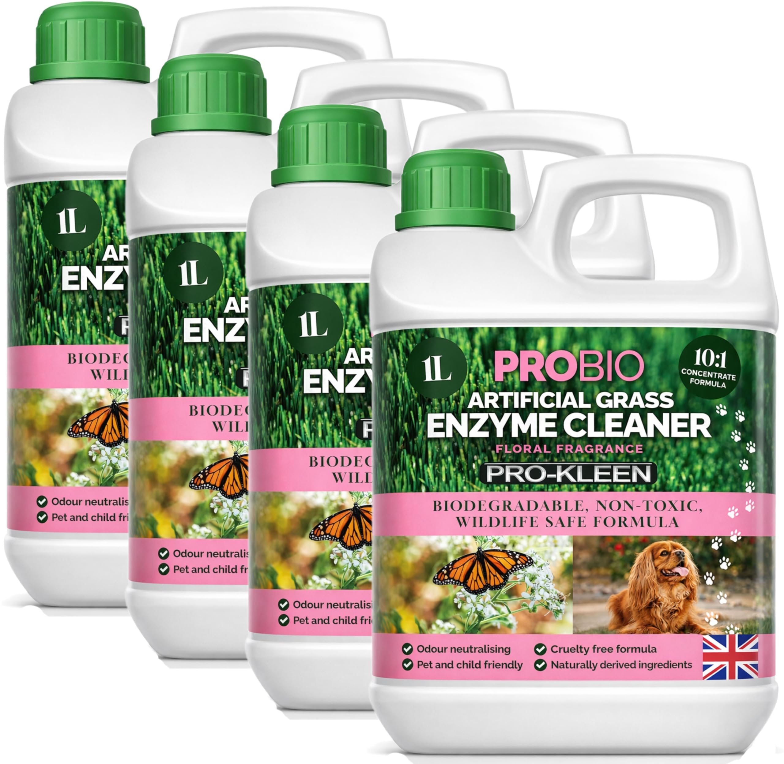 Pro-Kleen ProBio Artificial Grass Cleaner Probiotic Based Deodoriser Odour Eliminator 4 x 1L Non-Toxic Cruelty-free Child Pet Friendly - Floral Fragrance - Naturally derived Probiotic Cleaning