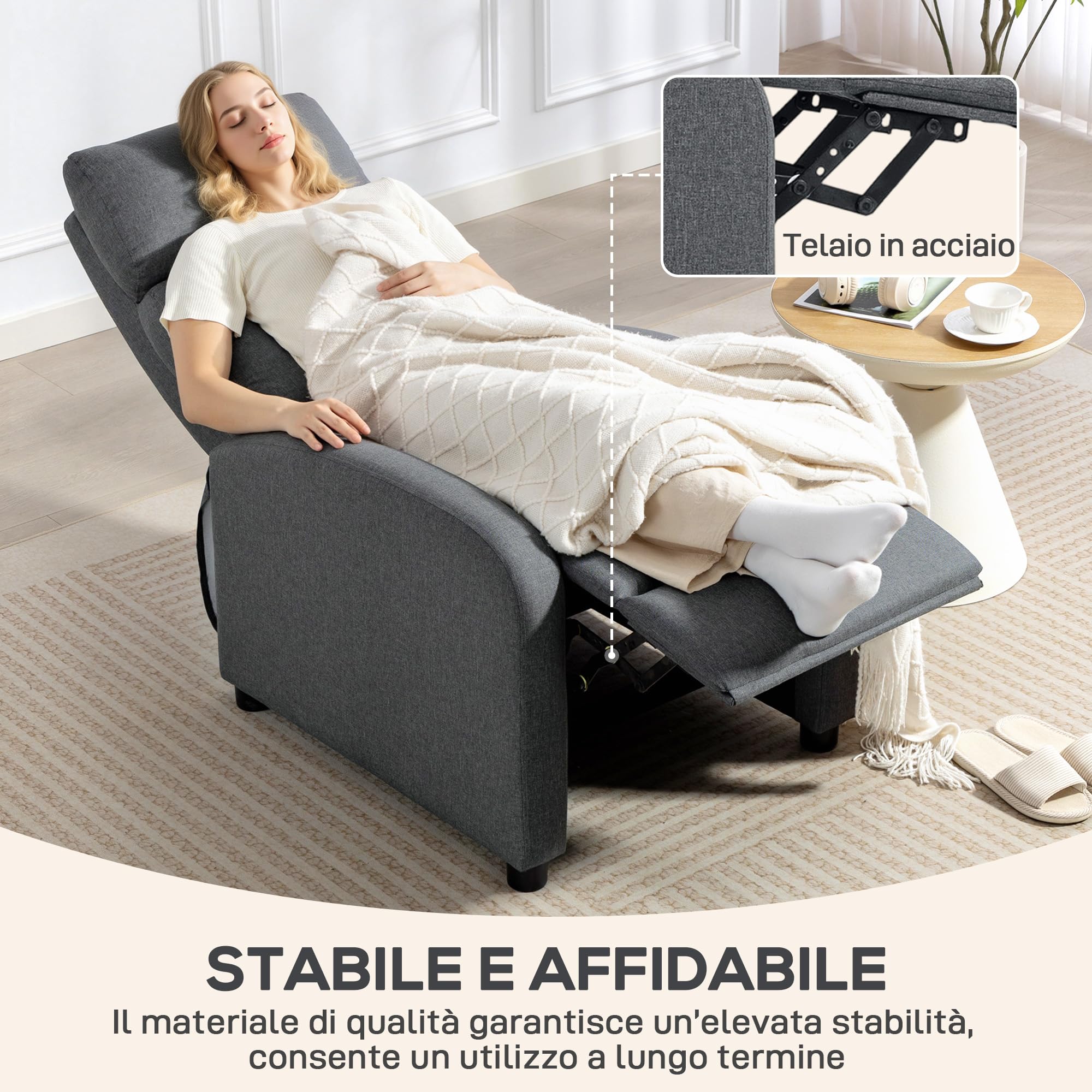 HOMCOM Poltrona Relax Imbottita con Poggiapiedi 69x87x100.5 cm Grigio | Schienale Reclinabile 135°, Poggiapiedi Estraibile, in Lino
