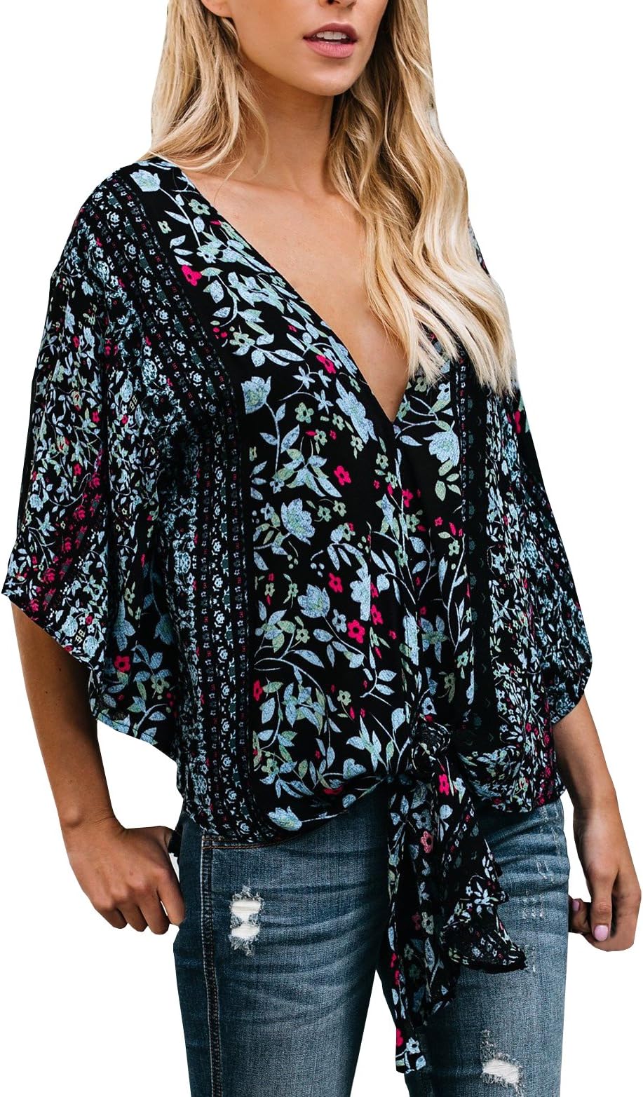 YOBECHO Womens Boho V Neck Printed Chiffon Blouse Casual Plus Size Hippie Top Black
