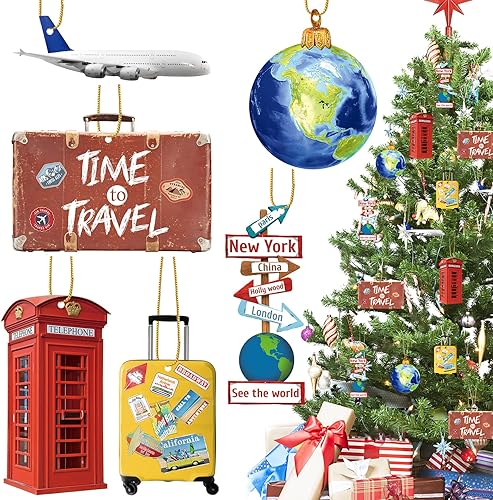 36 piezas de ornamentos de Navidad de planeta viajeros de madera, globo del mundo, maleta, equipaje, crucero, tabla, letrero del mundo, avión para