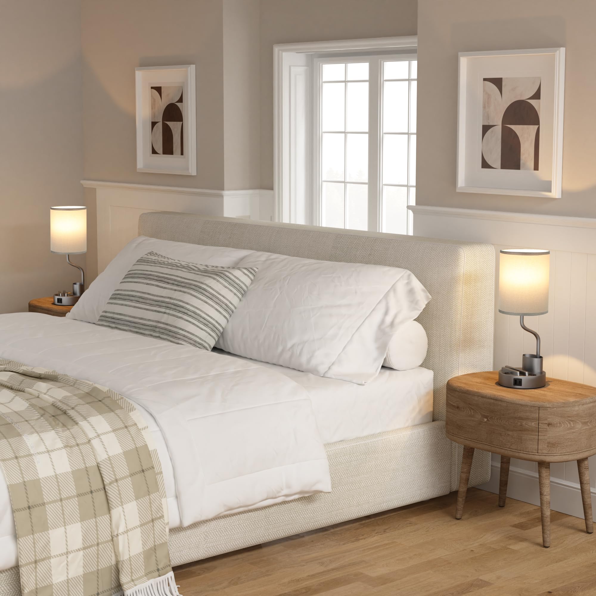 Nachttischlampen für Schlafzimmer, Nachttischleuchte mit AC-Steckdose und USB A und C zum Aufladen, Schreibtischlampe mit 3 Farbtemperaturen, Stifthalter und Handy-Ständer für Wohnzimmer/Schlafsaal