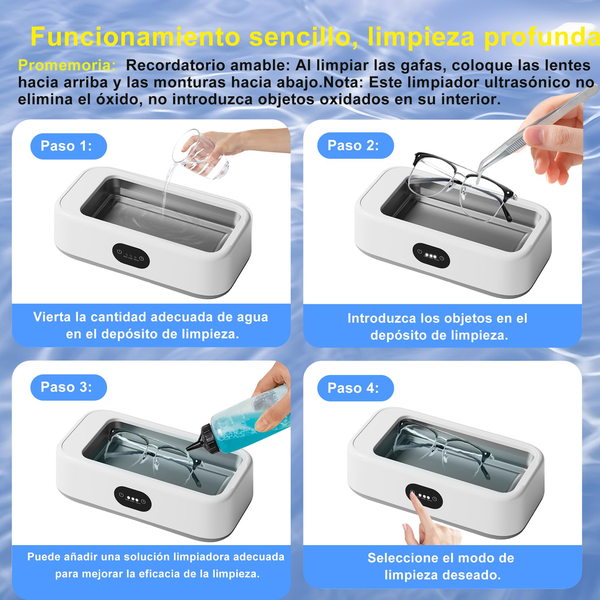 Limpiador Ultrasonidos,640ML limpiador ultrasónico para Férula dental | 49 kHz limpieza , cubeta 304 inoxidable, 3 temporizadores, silencioso. Multiusos para gafas, joyas y prótesis