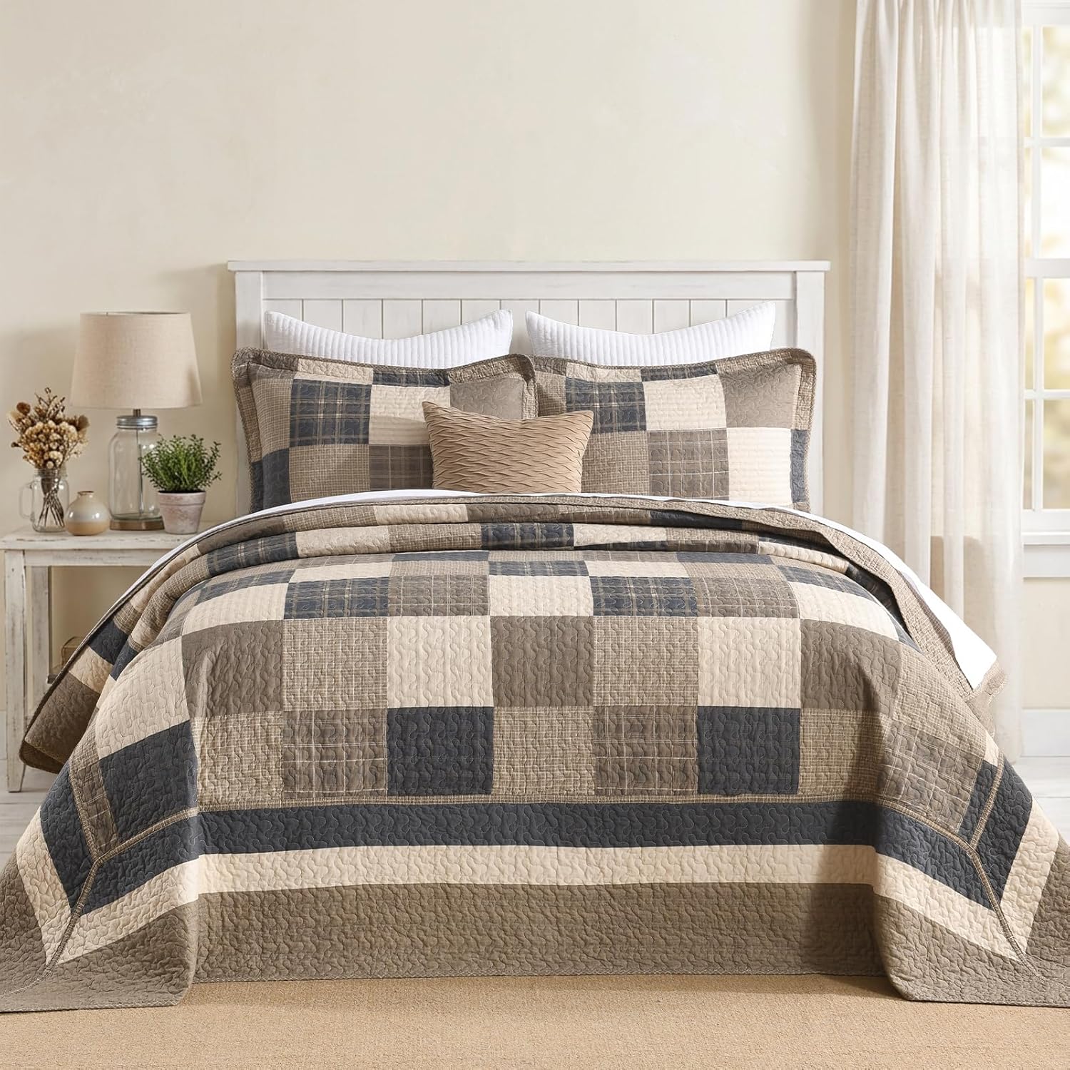 100% Cotton Bedspread King Size 120"x120" - Lightweight Oversized King Quilt with 2 Pillowshams, Farmhouse Plaid Reversible Quilted Bedding Coverlet Set, 3 Pieces, Brown/Beige/Cream - Image 2