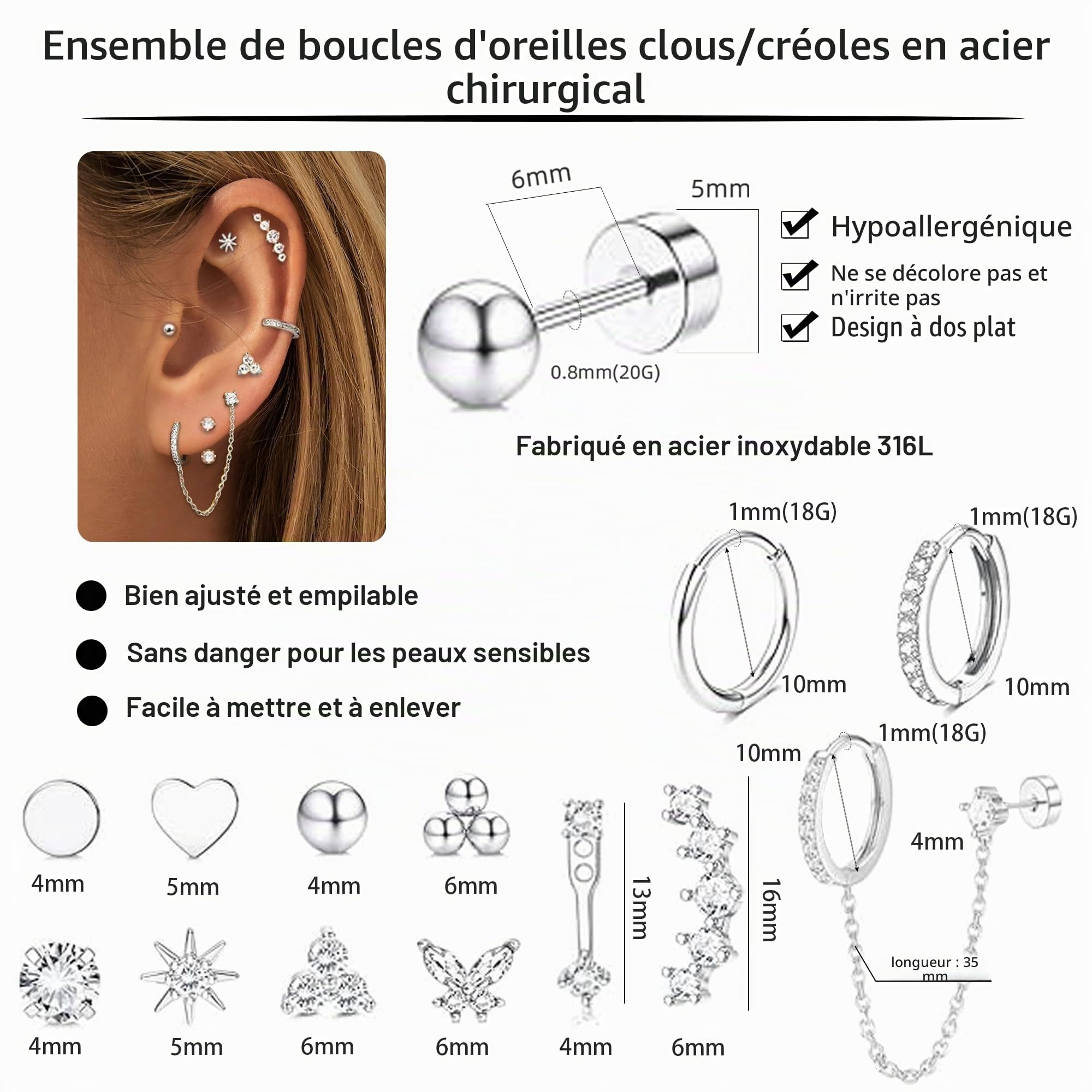 LOFITOR 13 Paires Boucles d'Oreilles Hypoallergéniques à Dos Plat en Acier Chirurgical pour Femmes - Lot de Studs et Créoles pour Piercings Multiples - Argentées et Dorées