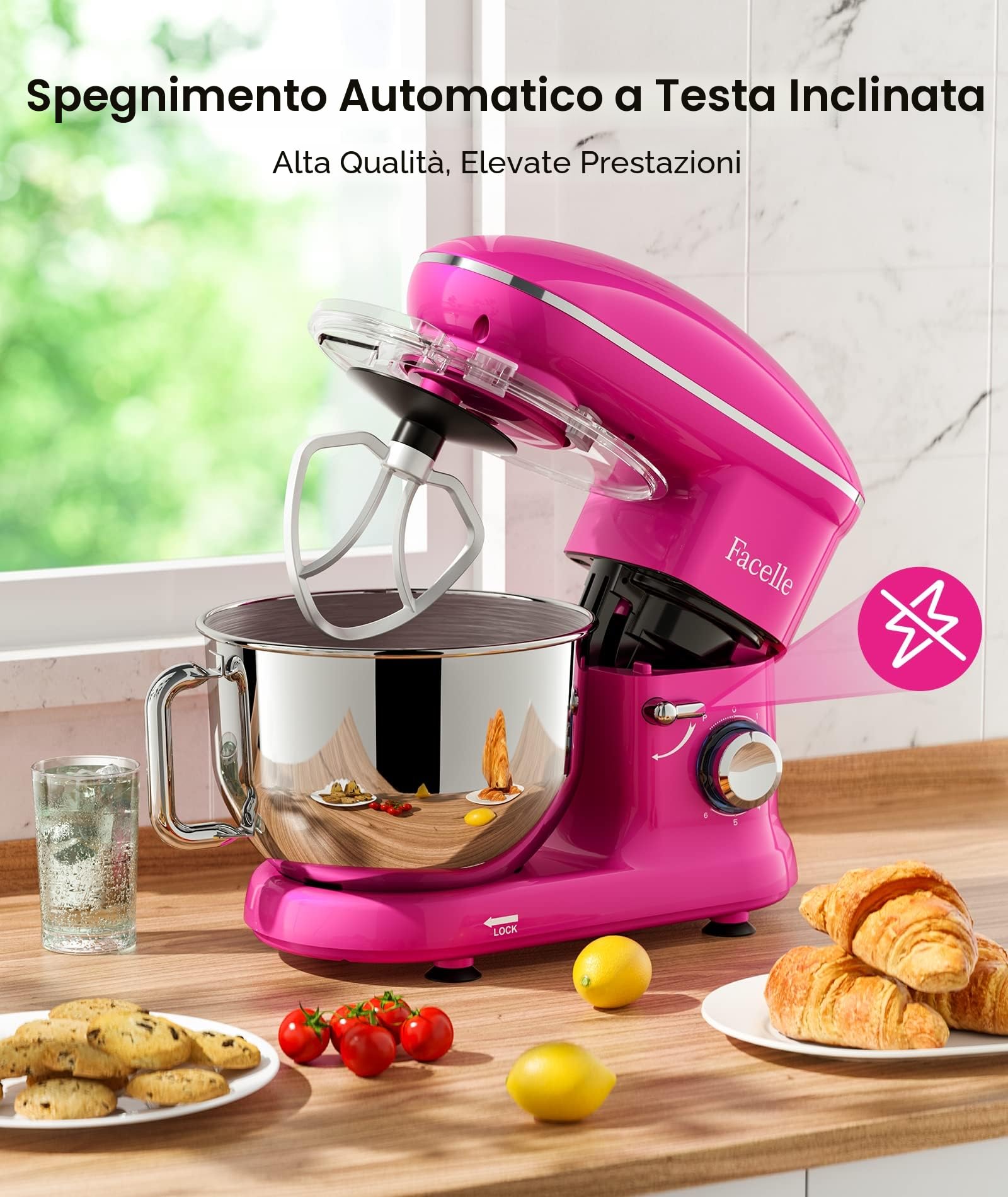 Impastatrice Planetaria Facelle Robot da Cucina 2000W Mixer Cucina 6,2 L Basso Rumore Multifunzione Impastatrice Professionale con Ganci Impastatore 6 Velocità, lavabile in lavastoviglie(Viola)